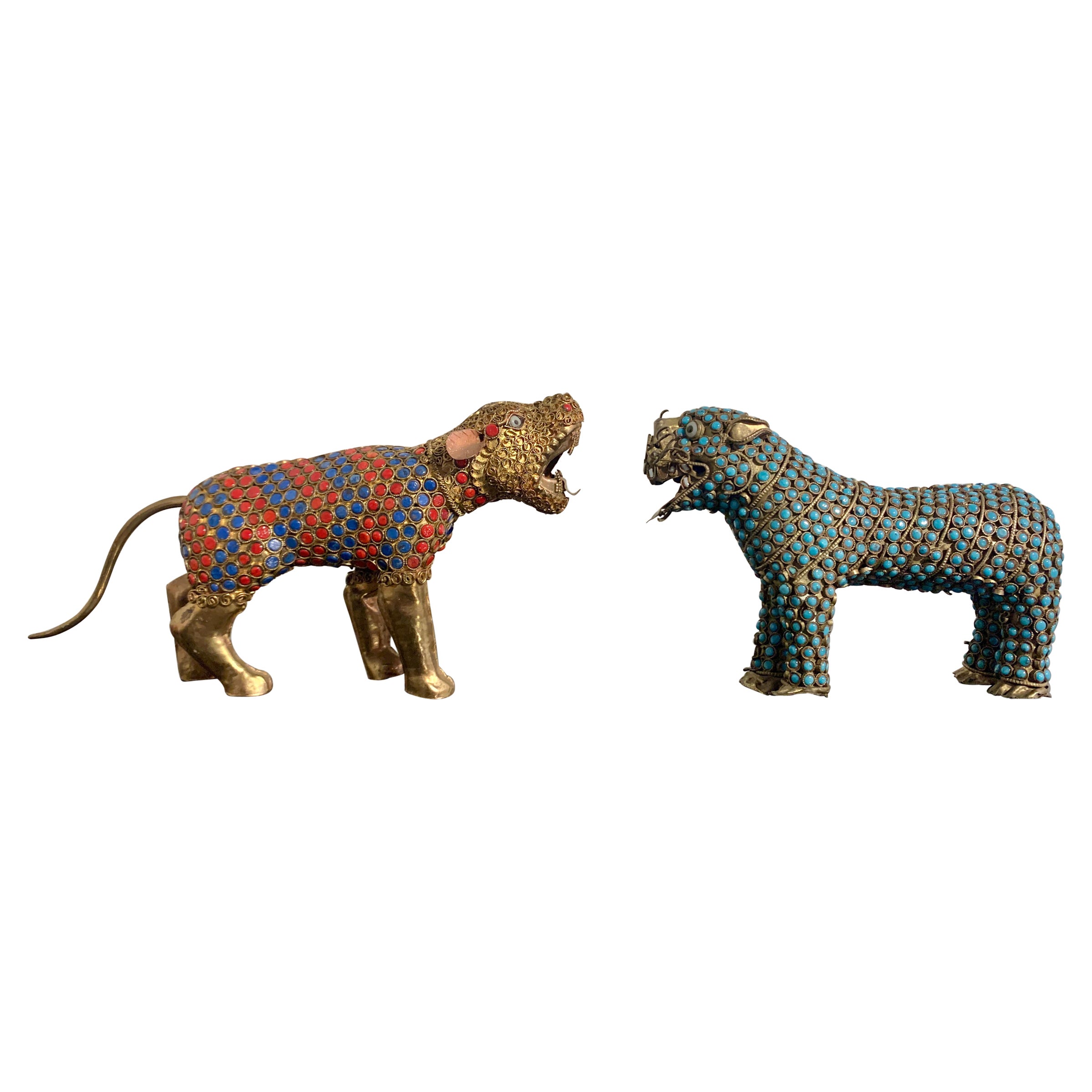 Pair Vintage Nepalese Brass and Glass Tigers, 1970
s, Nepal