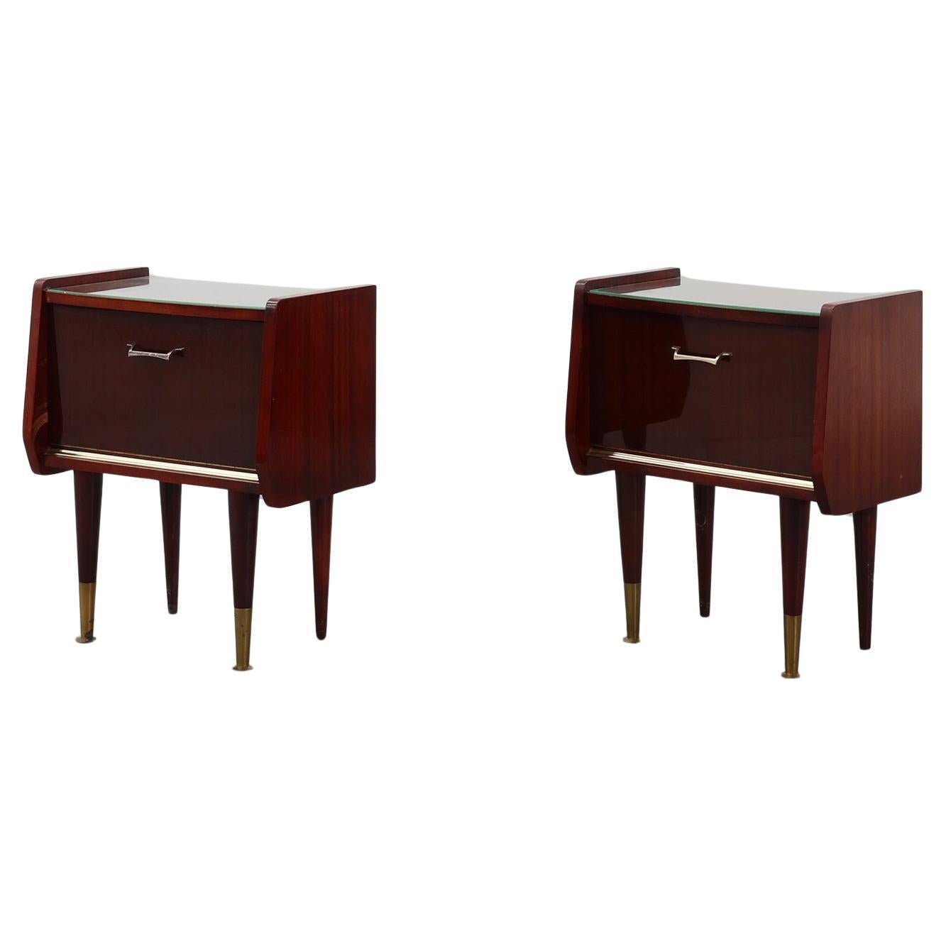 Paire de tables de nuit vintage en placage de bois, Belgique années 1950