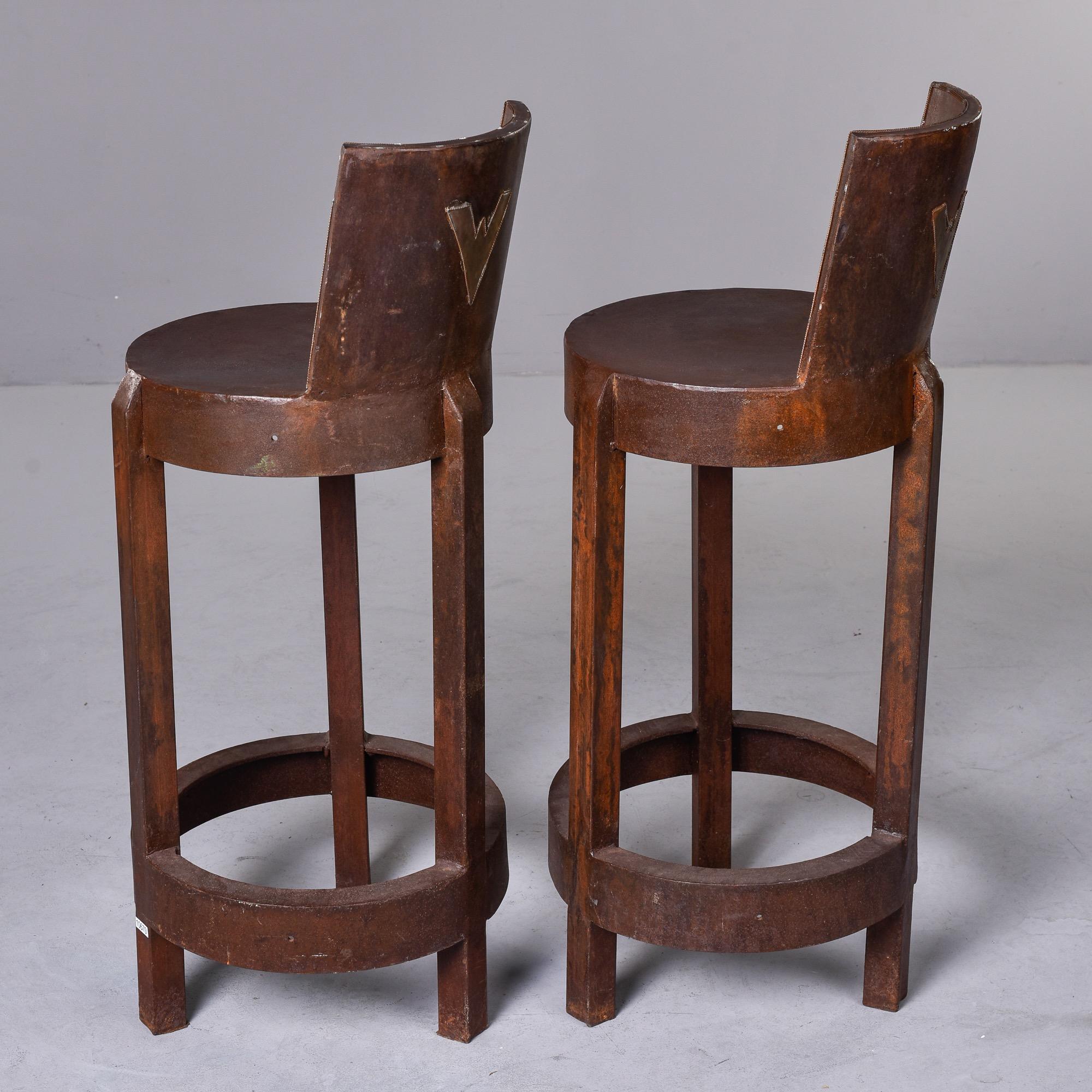 Pair Vintage Norwegian Industrial Style Iron Bar Height Stools 4