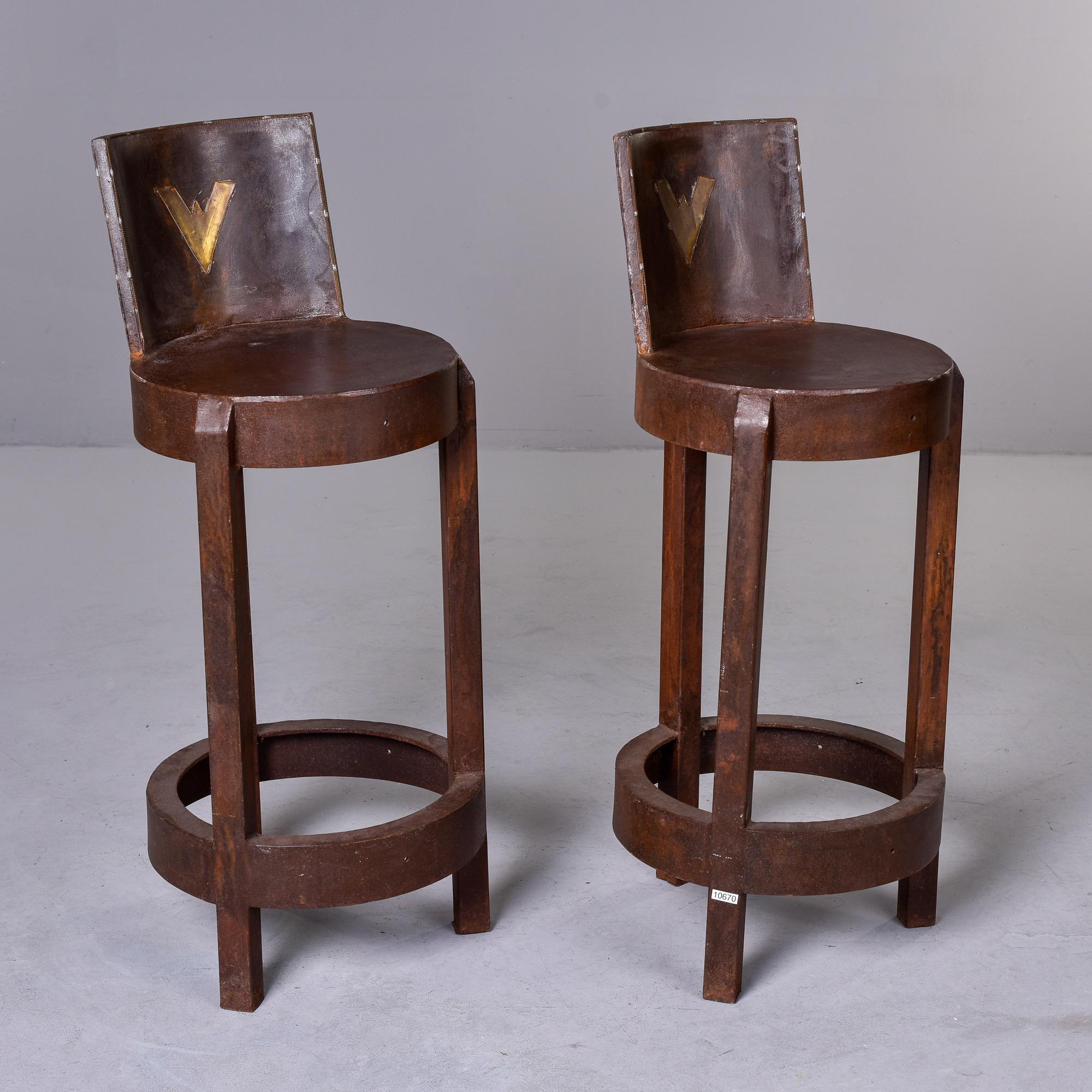 Late 20th Century Pair Vintage Norwegian Industrial Style Iron Bar Height Stools