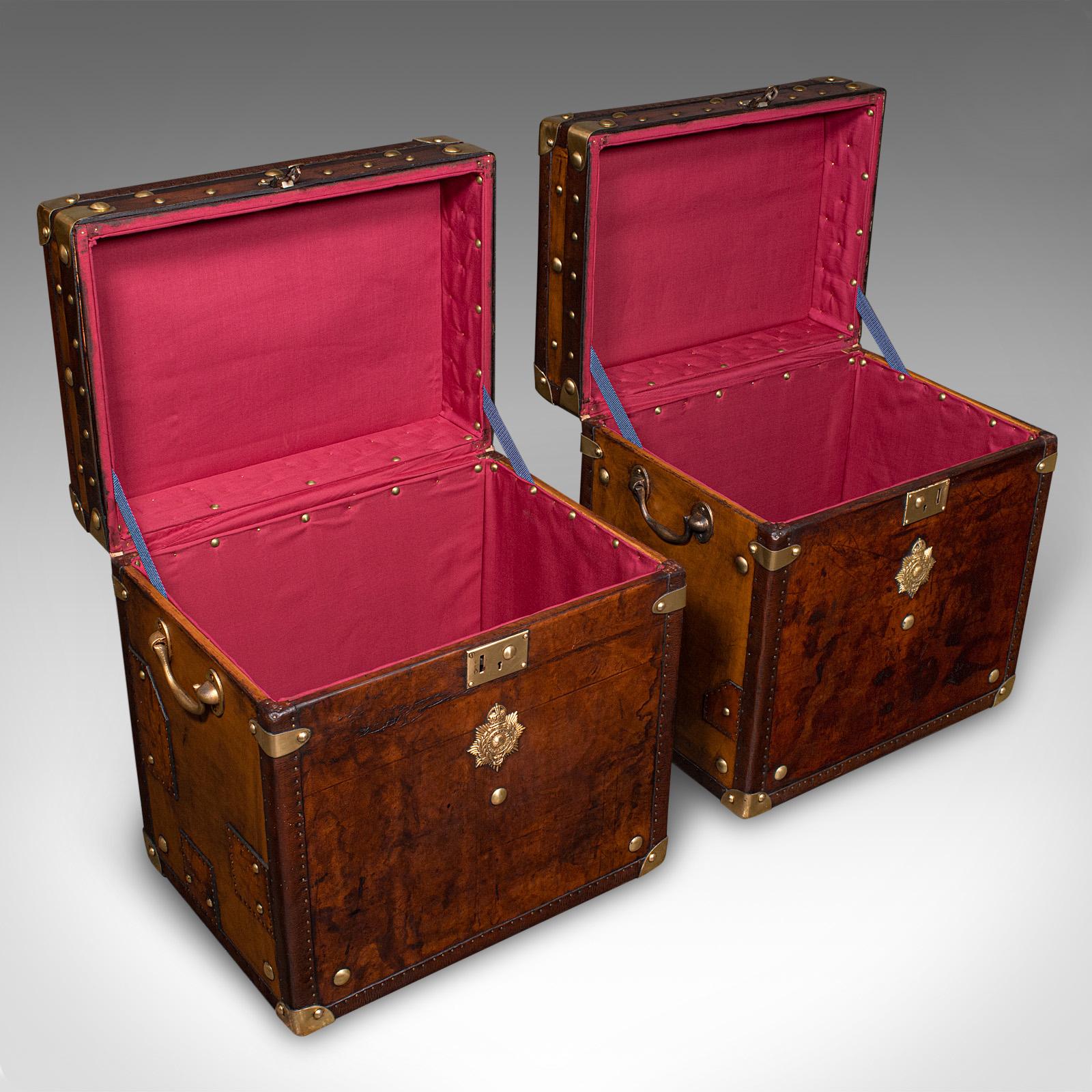 
This is a pair of vintage officer's campaign luggage cases. An English, leather and brass bedside nightstand, dating to the late 20th century period, circa 1970.

Exquisite casework, with beautifully appointed detail and finishes
Displaying a