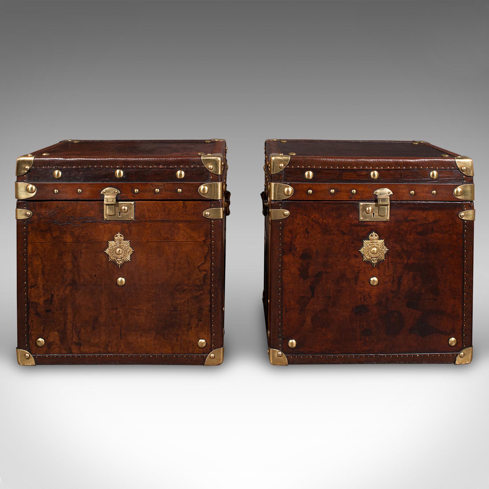 Mid-Century Modern Pair, Vintage Officer's Campaign Luggage Cases, English, Bedside Nightstands For Sale