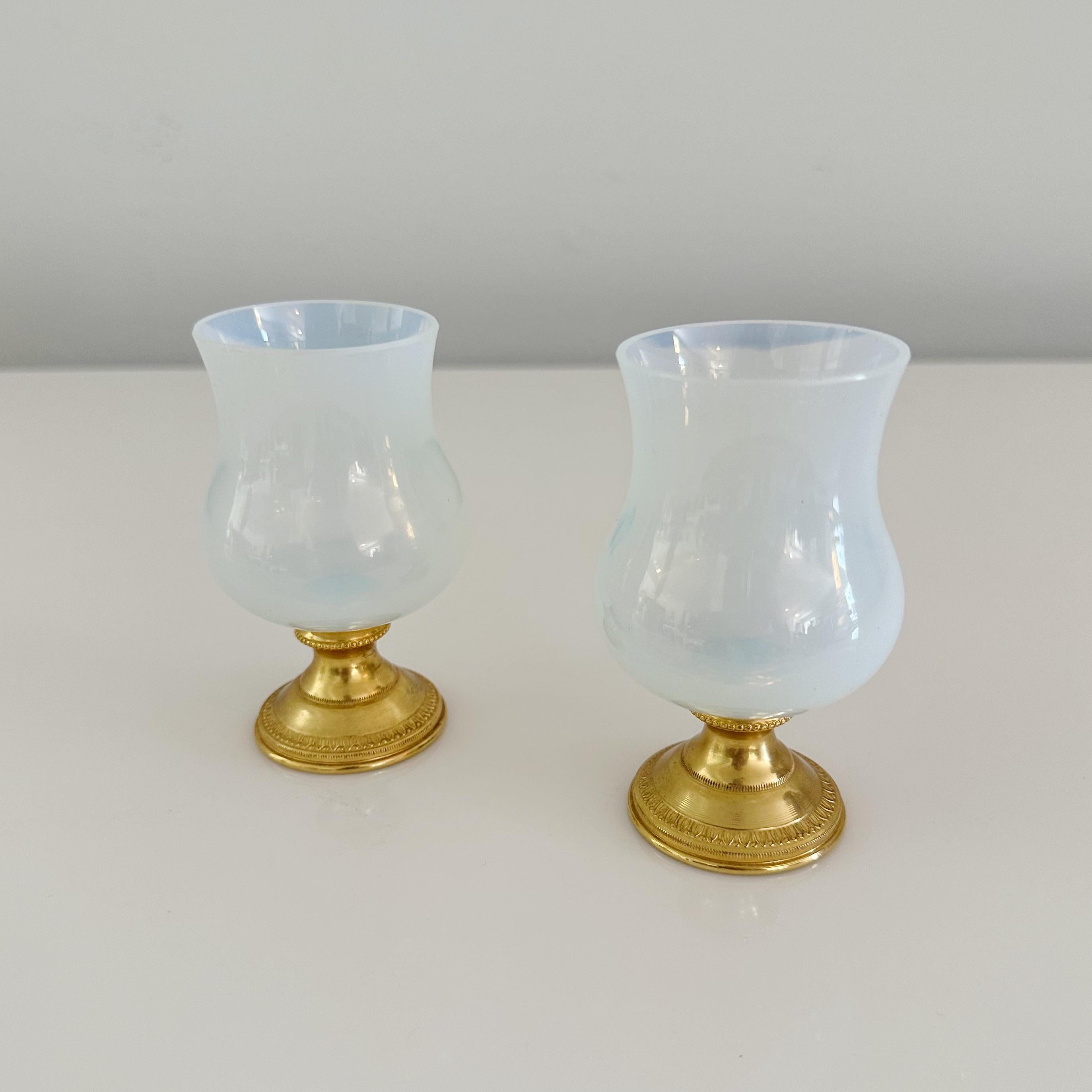 Pair Vintage Opaline Glass and Bronze Dore Miniature Vases In Good Condition In West Palm Beach, FL