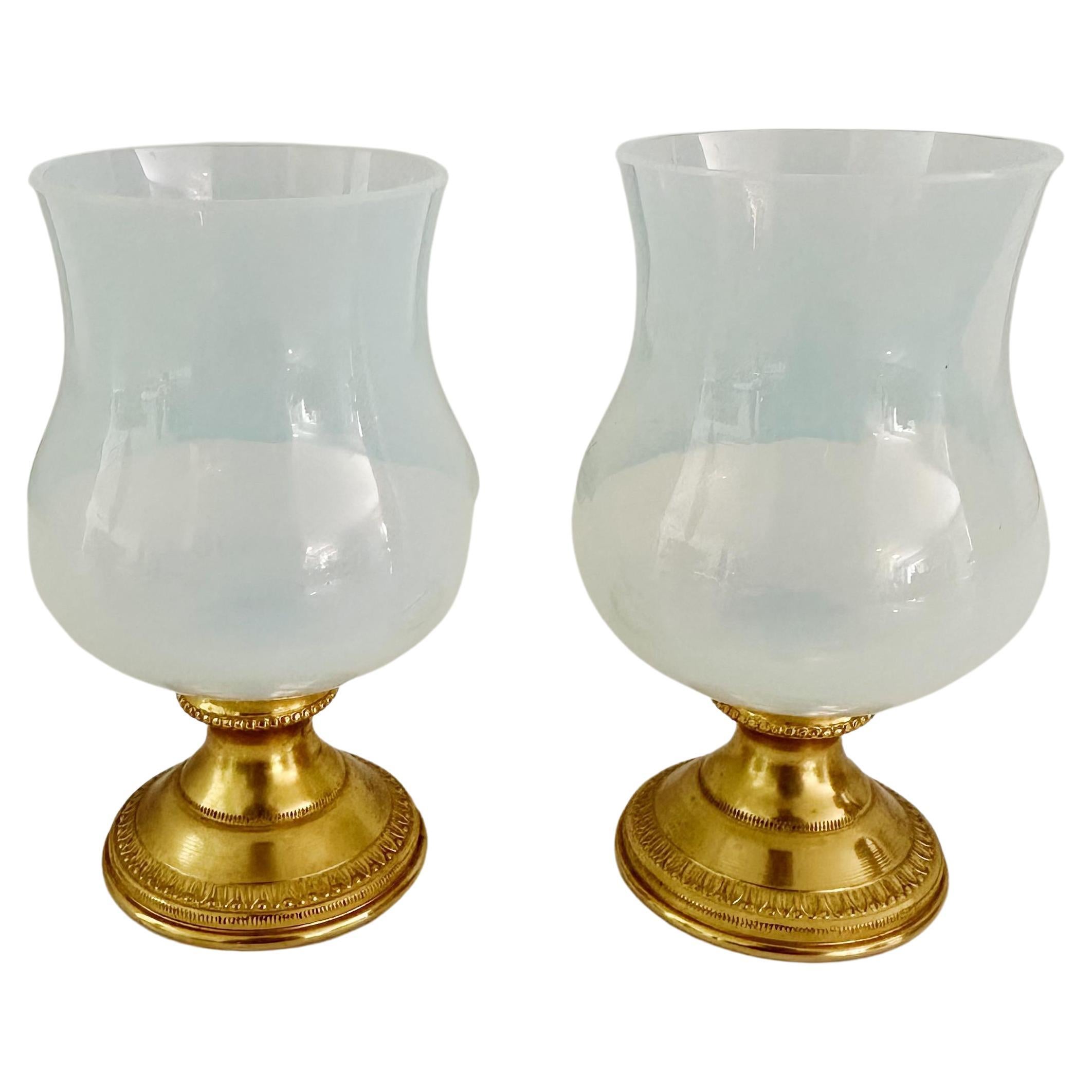 Pair Vintage Opaline Glass and Bronze Dore Miniature Vases For Sale