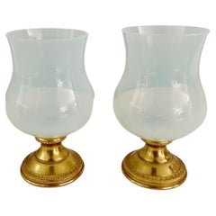 Pair Vintage Opaline Glass and Bronze Dore Miniature Vases