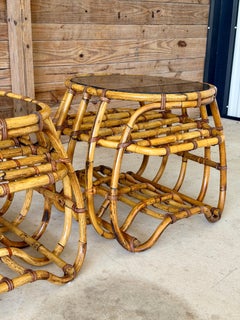 Pair Vintage Organic Modern Bent Rattan Side Tables With Smoked Glass