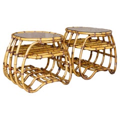 Pair Vintage Organic Modern Bent Rattan Side Tables With Smoked Glass