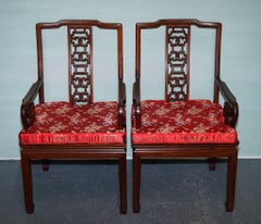 PAIR VINTAGE ORiENTAL CHINESE HARD WOOD CARVER ARMCHAIRS WITH CUSHIONS