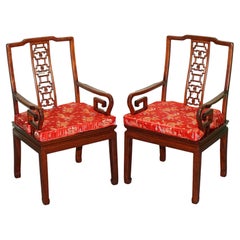 PAIR VINTAGE ORiENTAL CHINESE HARD WOOD CARVER ARMCHAIRS WITH CUSHIONS