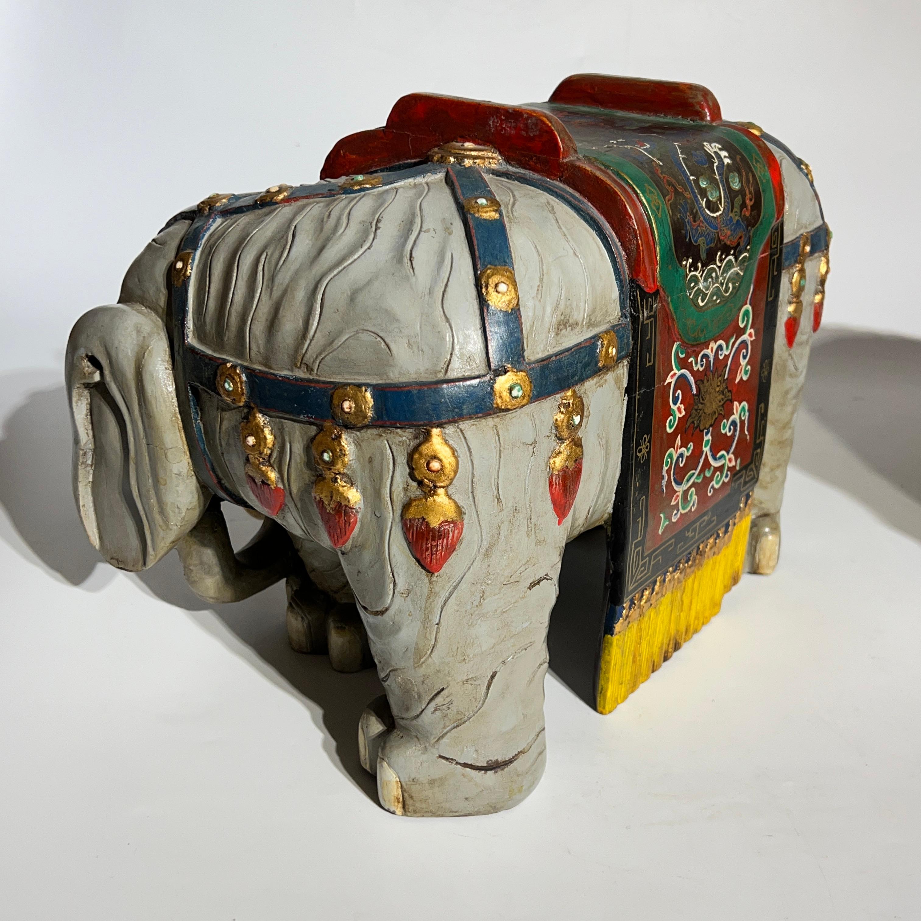 Pair Vintage Oriental Polychrome Wooden Elephant Figures For Sale 4