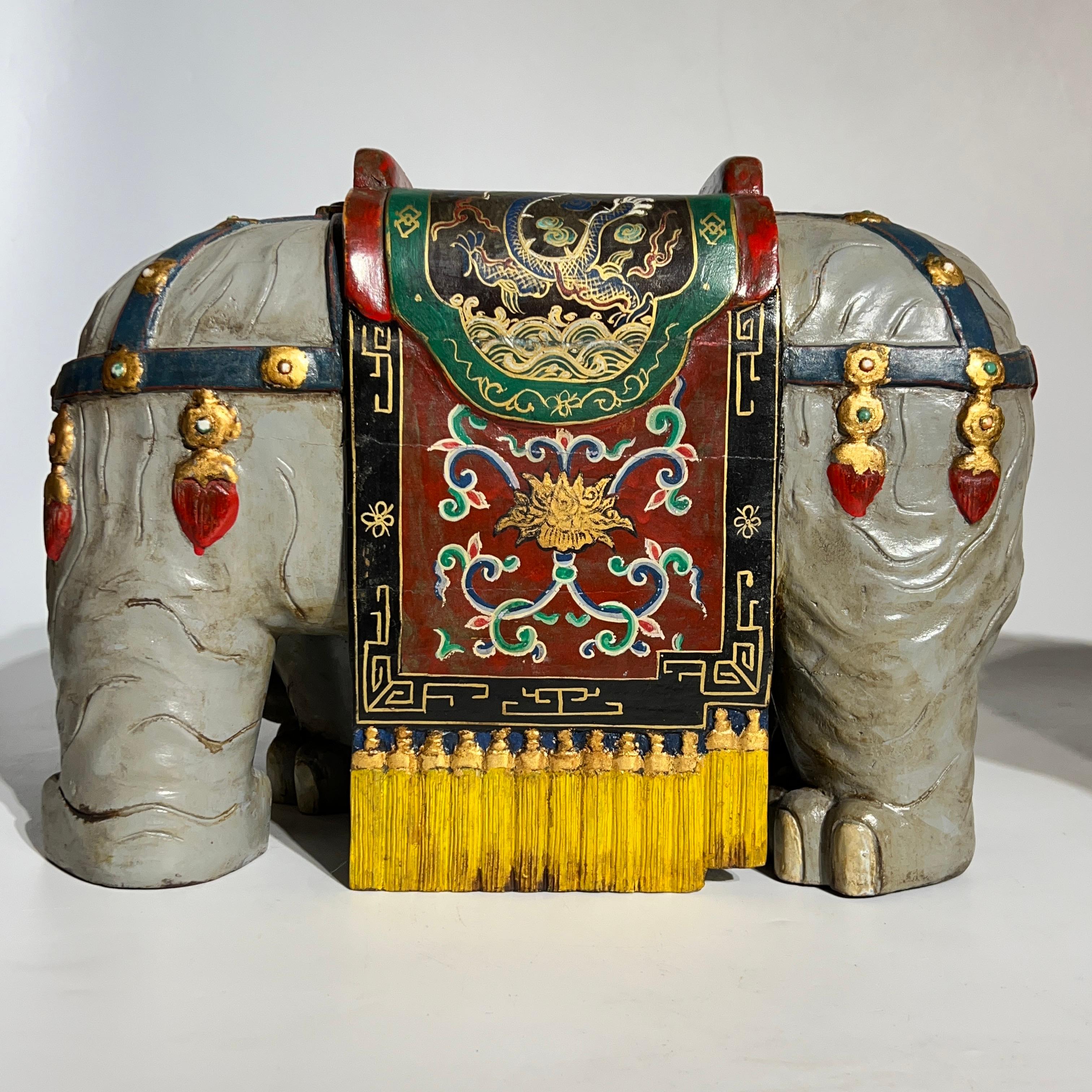 Pair Vintage Oriental Polychrome Wooden Elephant Figures For Sale 5