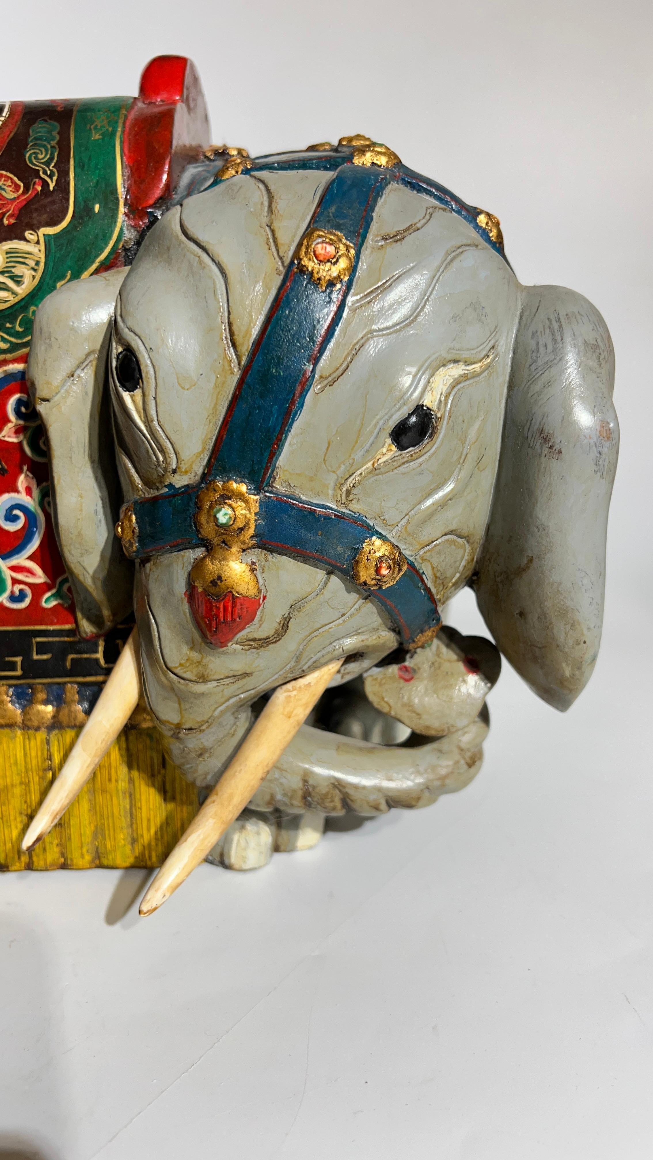 Pair Vintage Oriental Polychrome Wooden Elephant Figures For Sale 7
