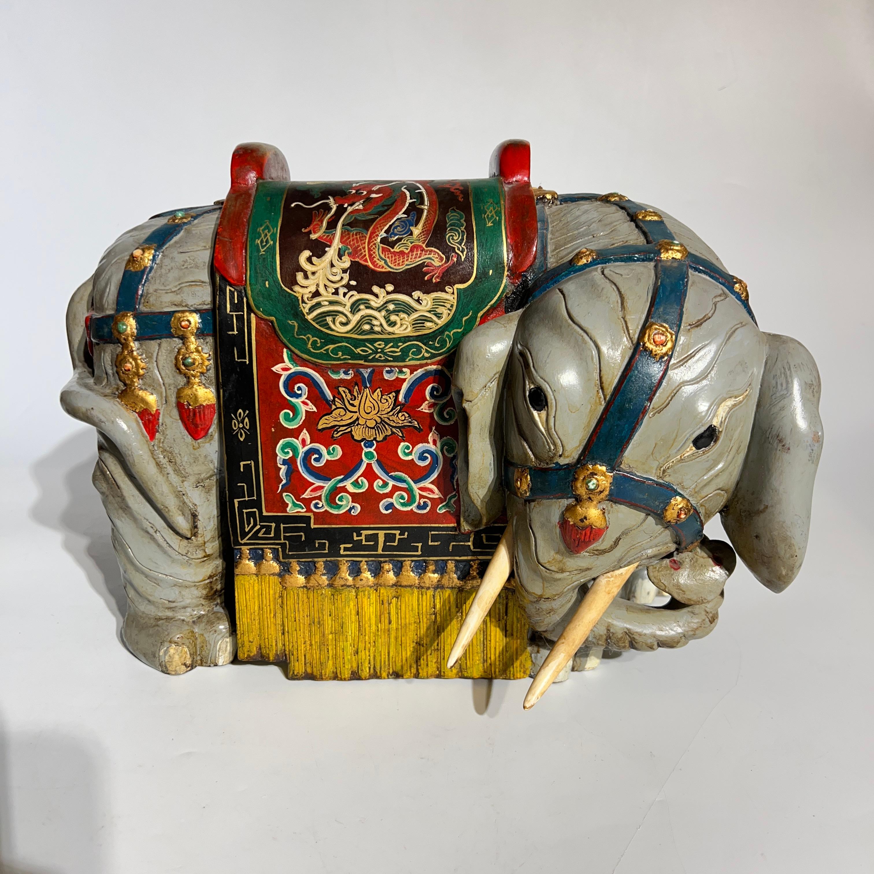 Pair Vintage Oriental Polychrome Wooden Elephant Figures For Sale 8