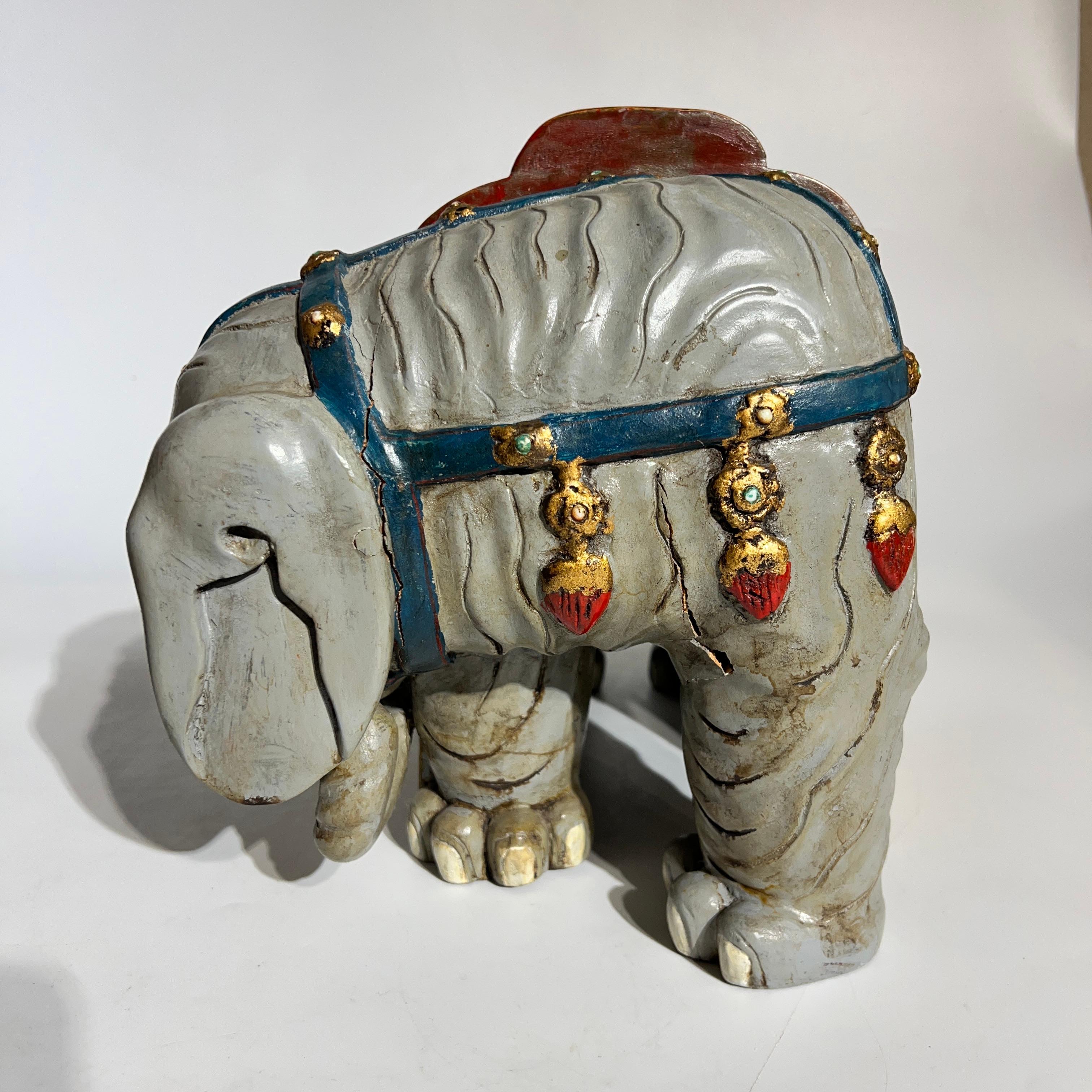 Pair Vintage Oriental Polychrome Wooden Elephant Figures For Sale 9