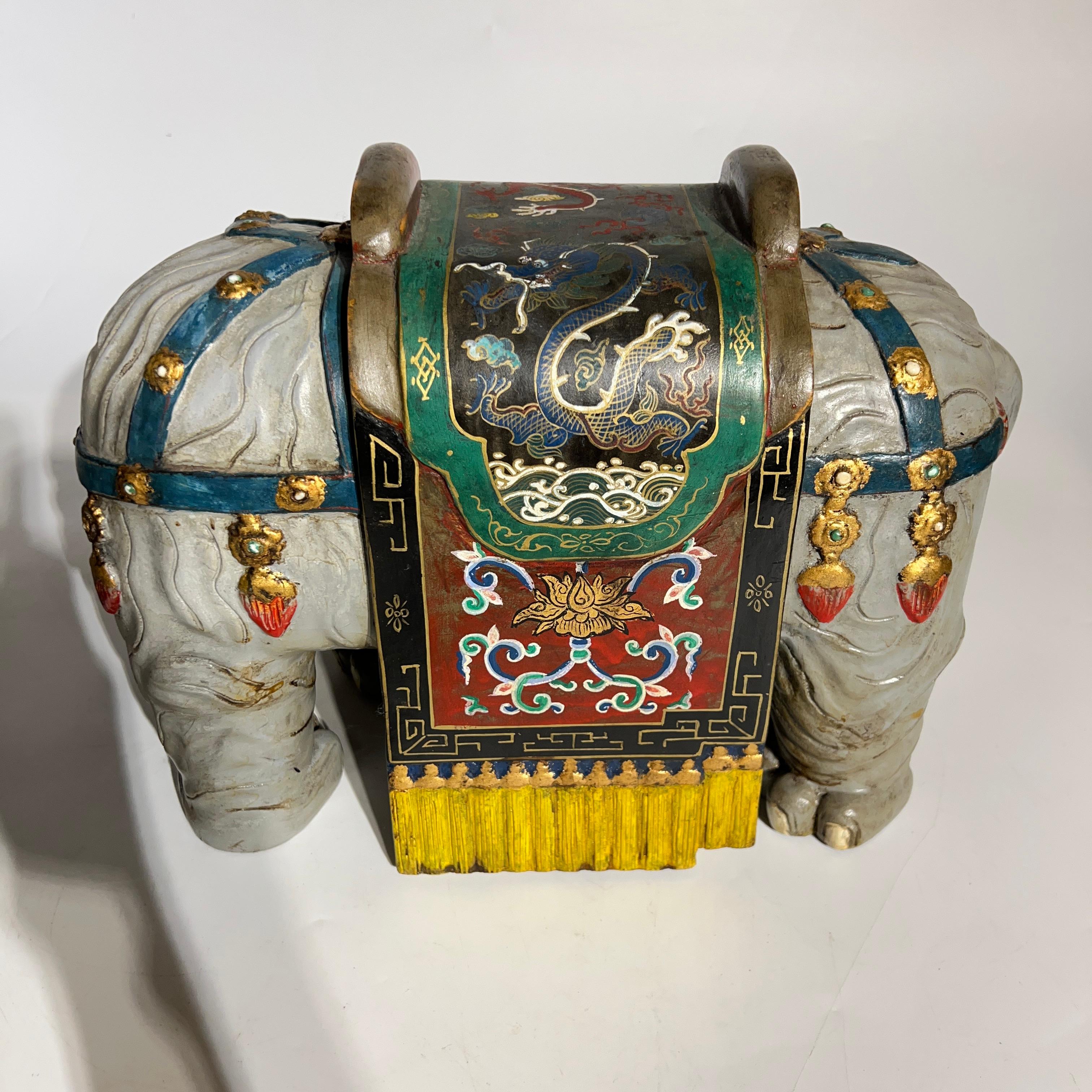 Pair Vintage Oriental Polychrome Wooden Elephant Figures For Sale 10