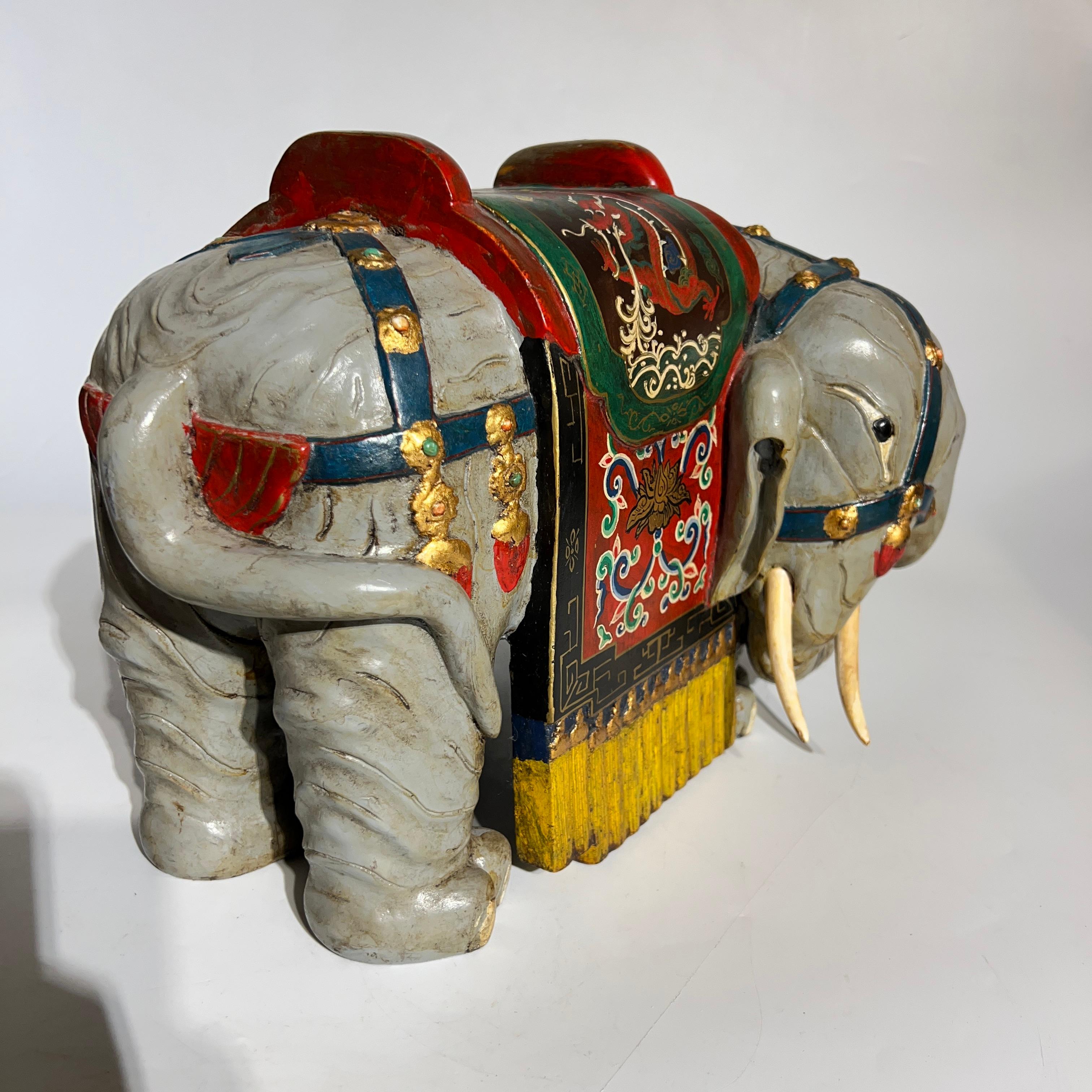 Pair Vintage Oriental Polychrome Wooden Elephant Figures For Sale 11