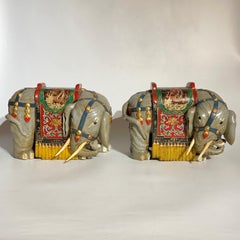 Pair Vintage Oriental Polychrome Wooden Elephant Figures