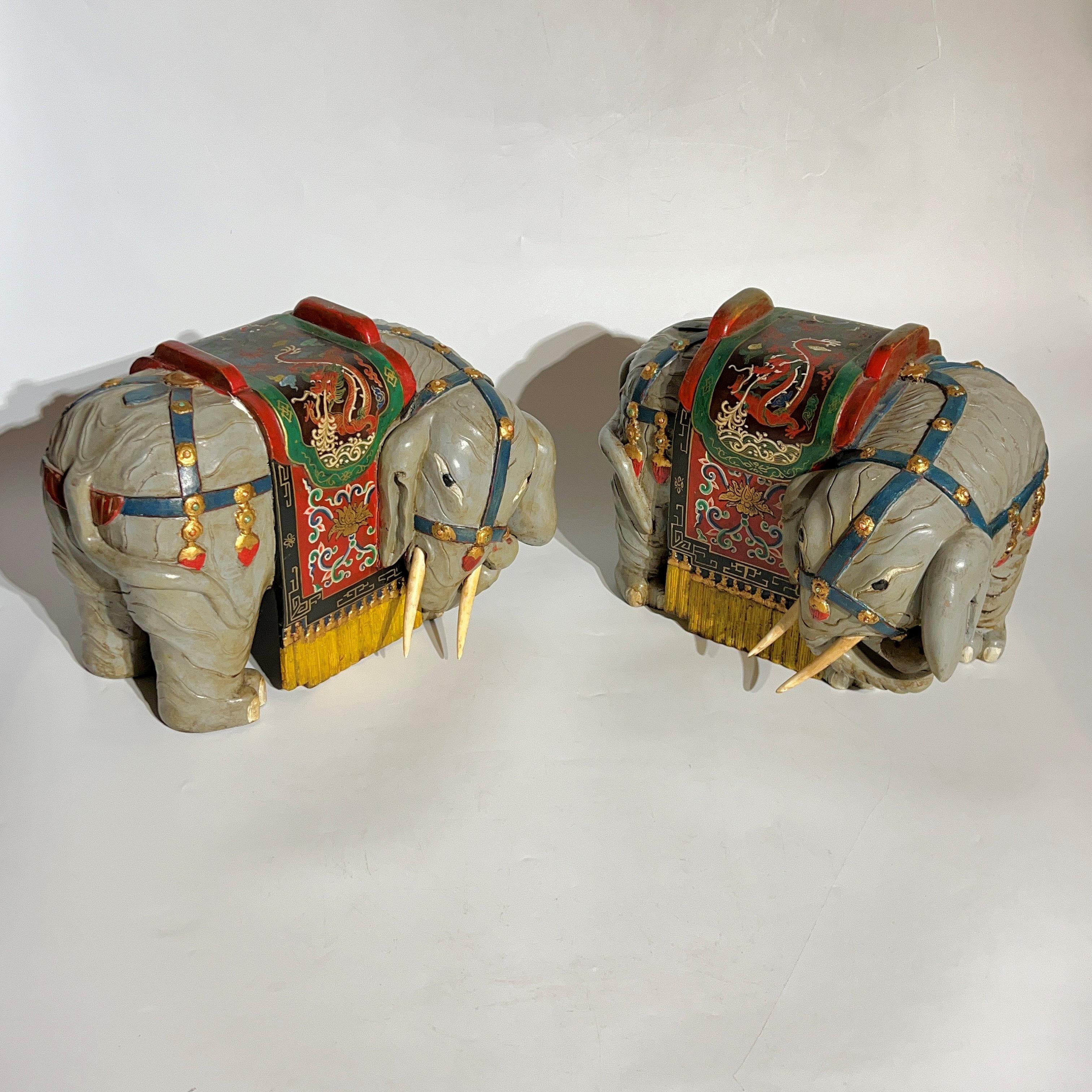 Asian Pair Vintage Oriental Polychrome Wooden Elephant Figures For Sale