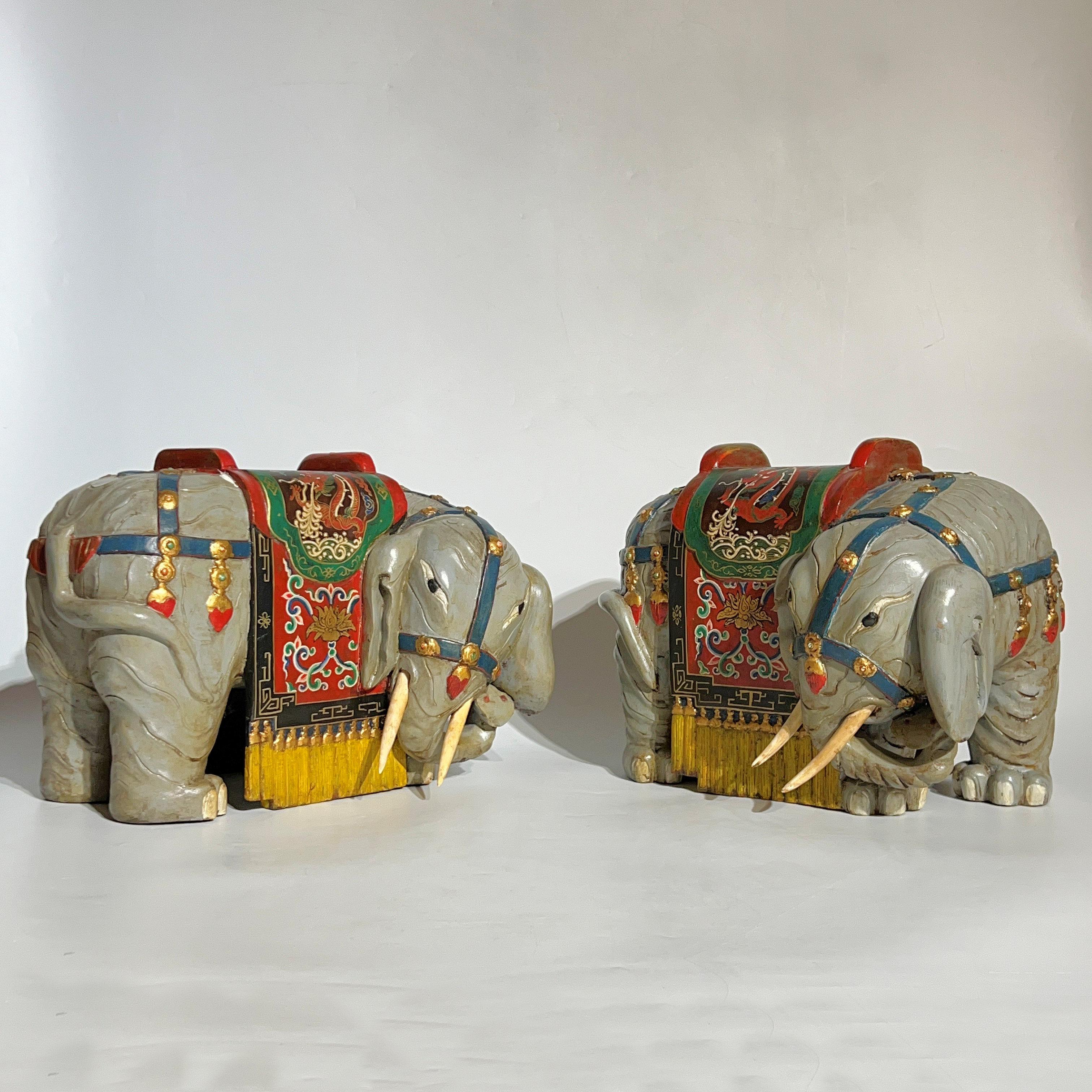 Hand-Painted Pair Vintage Oriental Polychrome Wooden Elephant Figures For Sale