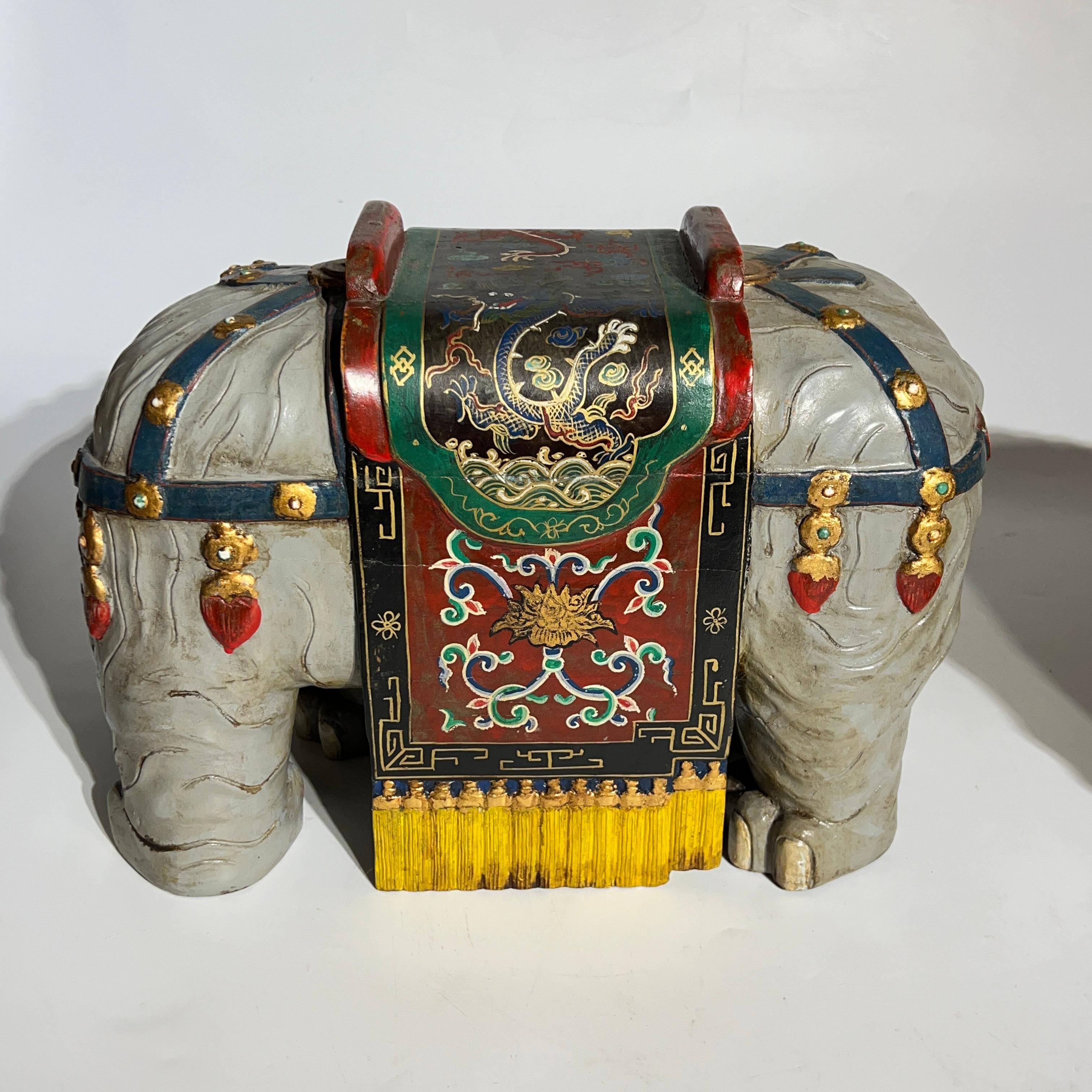 Pair Vintage Oriental Polychrome Wooden Elephant Figures In Good Condition For Sale In New York, NY