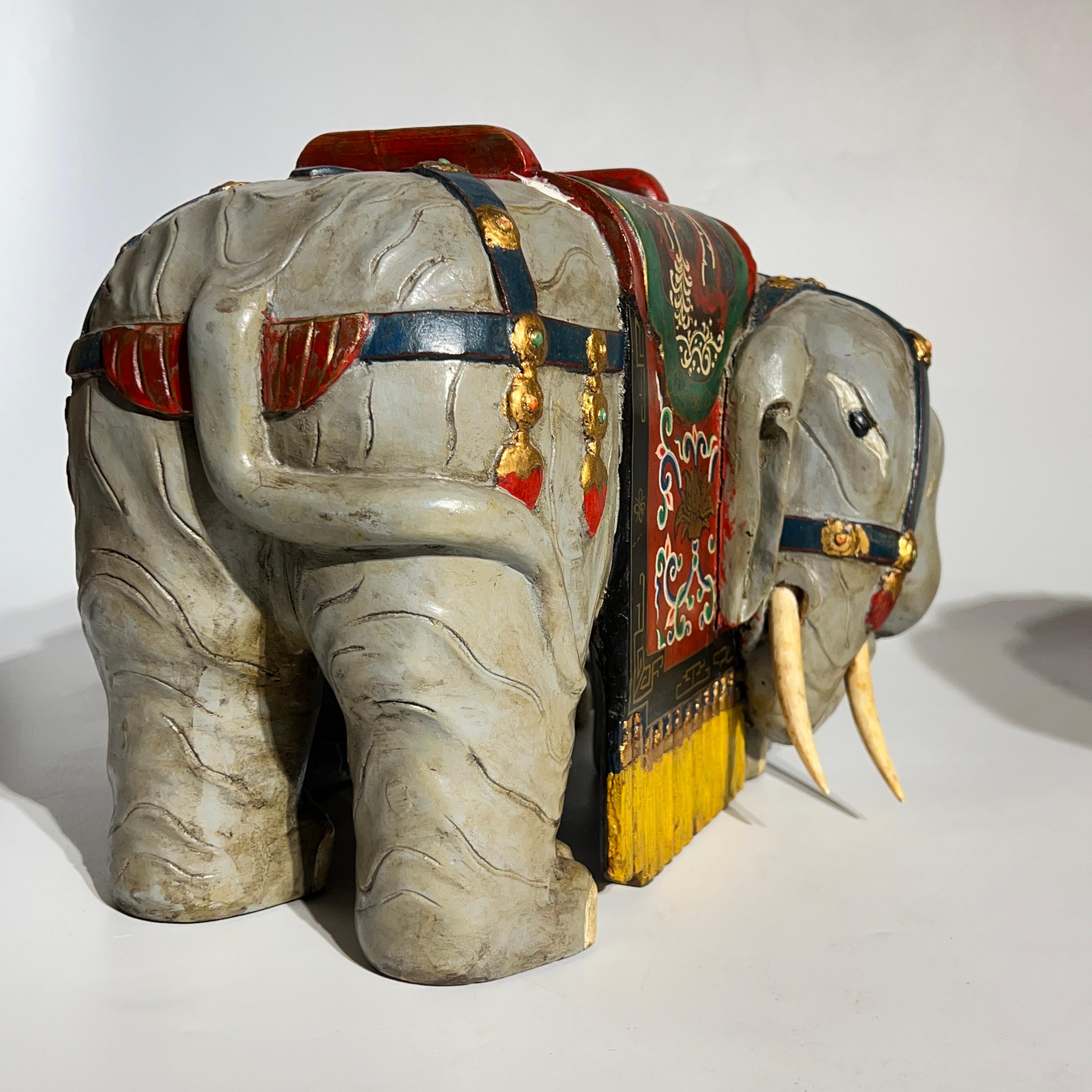 20th Century Pair Vintage Oriental Polychrome Wooden Elephant Figures For Sale