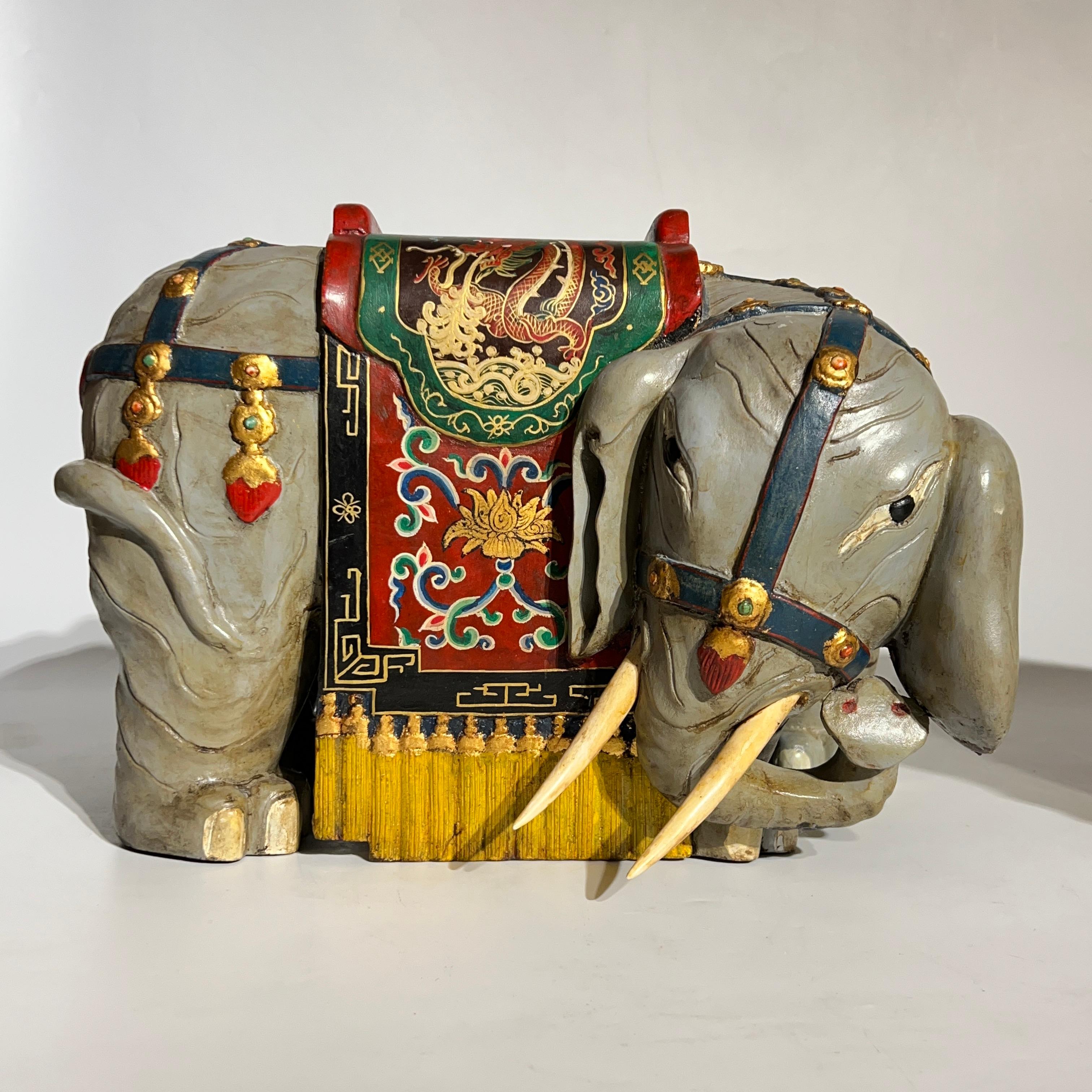 Pair Vintage Oriental Polychrome Wooden Elephant Figures For Sale 2