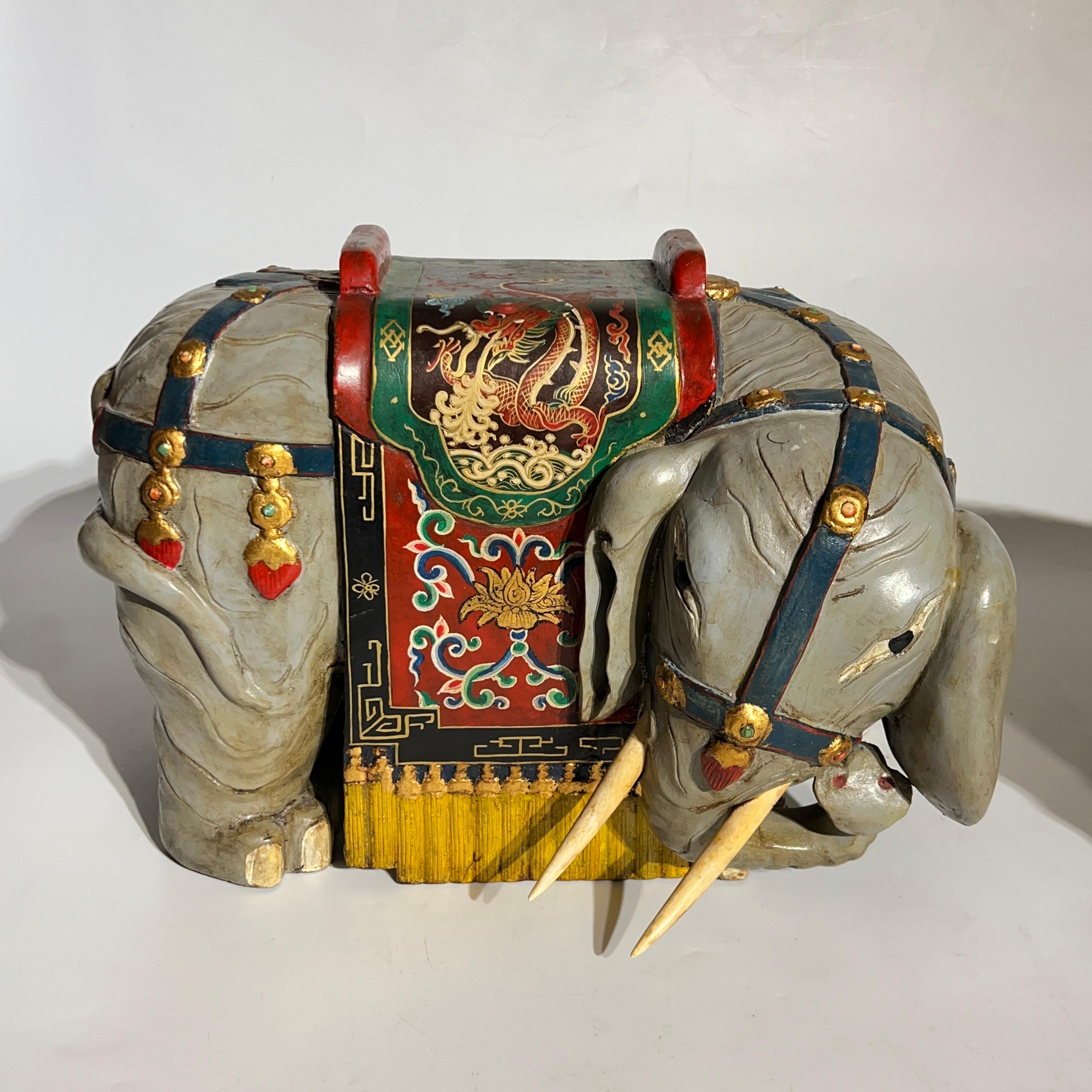 Pair Vintage Oriental Polychrome Wooden Elephant Figures For Sale 3