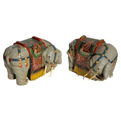 Pair Vintage Oriental Polychrome Wooden Elephant Figures