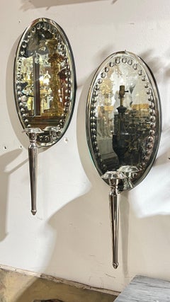 Pair Vintage Oval Mirror Back and Silverplate Sconces