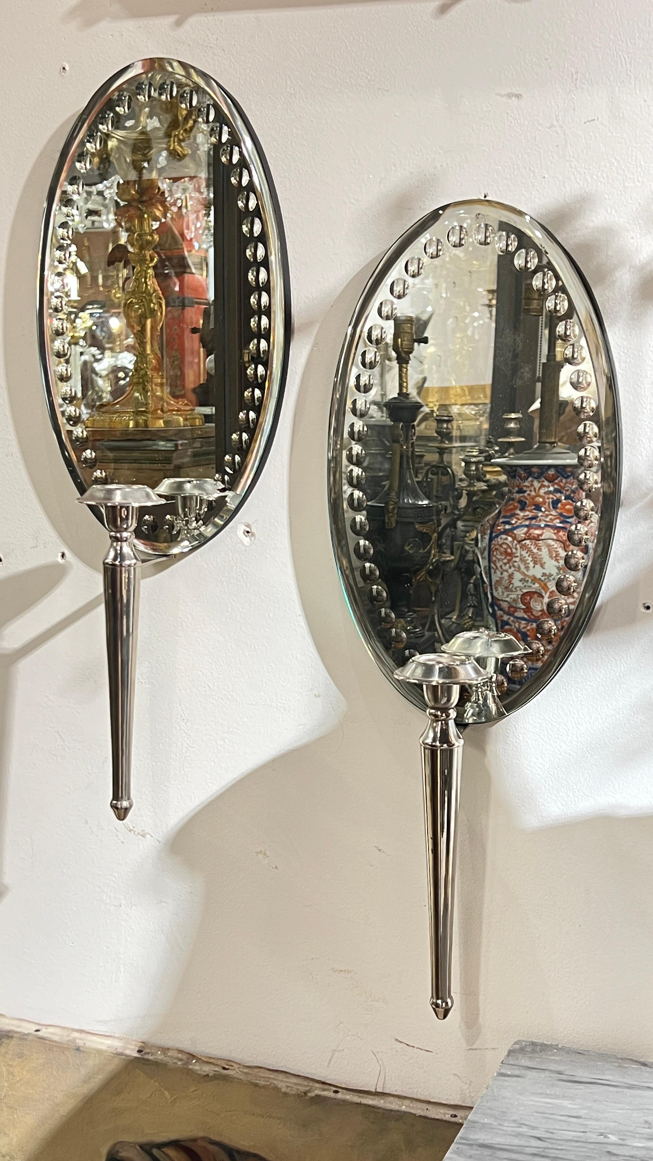 Pair Vintage Oval Mirror Back and Silverplate Sconces In Good Condition For Sale In New York, NY
