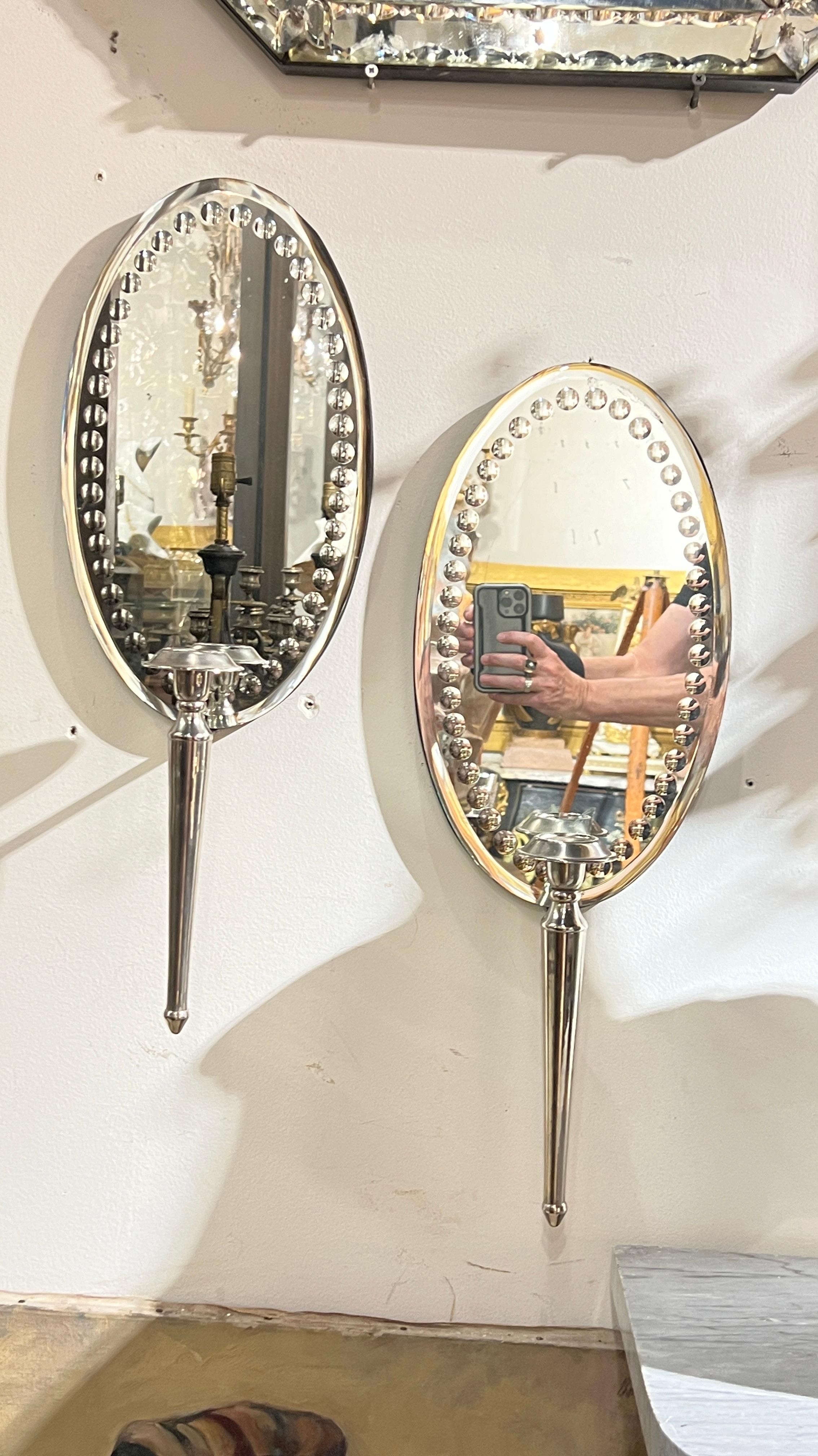 Silver Plate Pair Vintage Oval Mirror Back and Silverplate Sconces For Sale