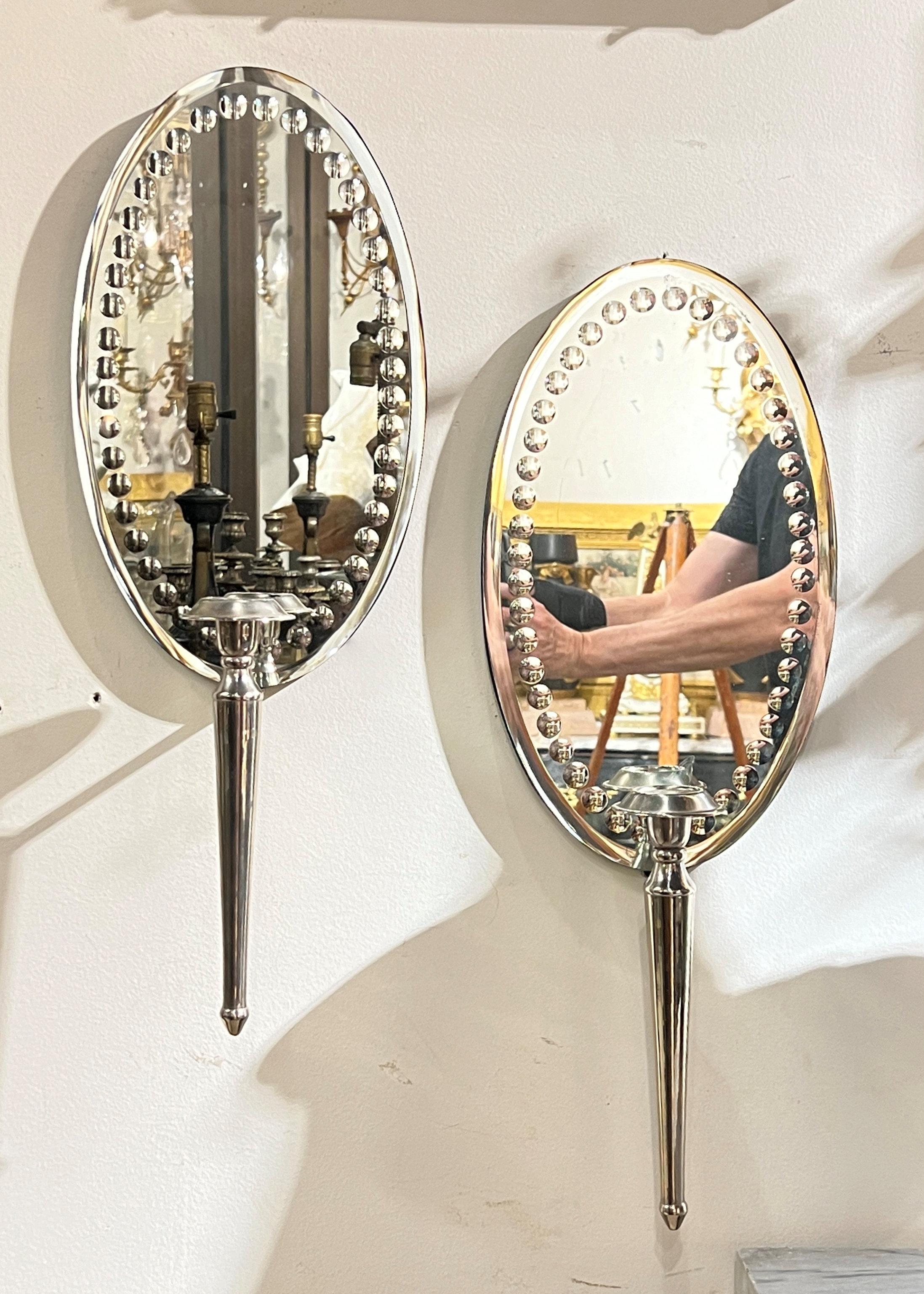 Pair Vintage Oval Mirror Back and Silverplate Sconces For Sale 2