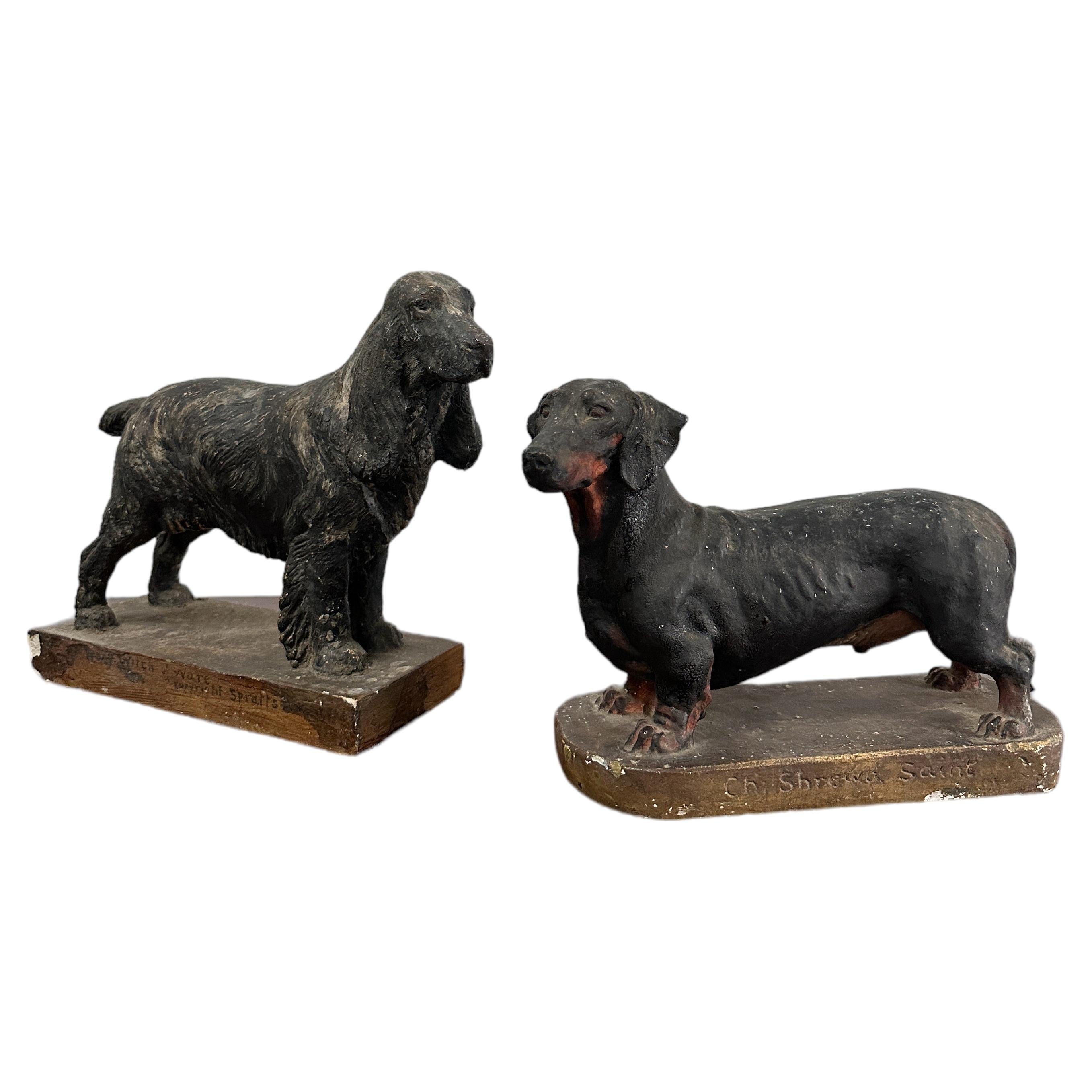 Paar bemalte Vintage-Hunde-Skulptur aus Gips, Modell, Vintage-Skulptur von Frederick Thomas Daws