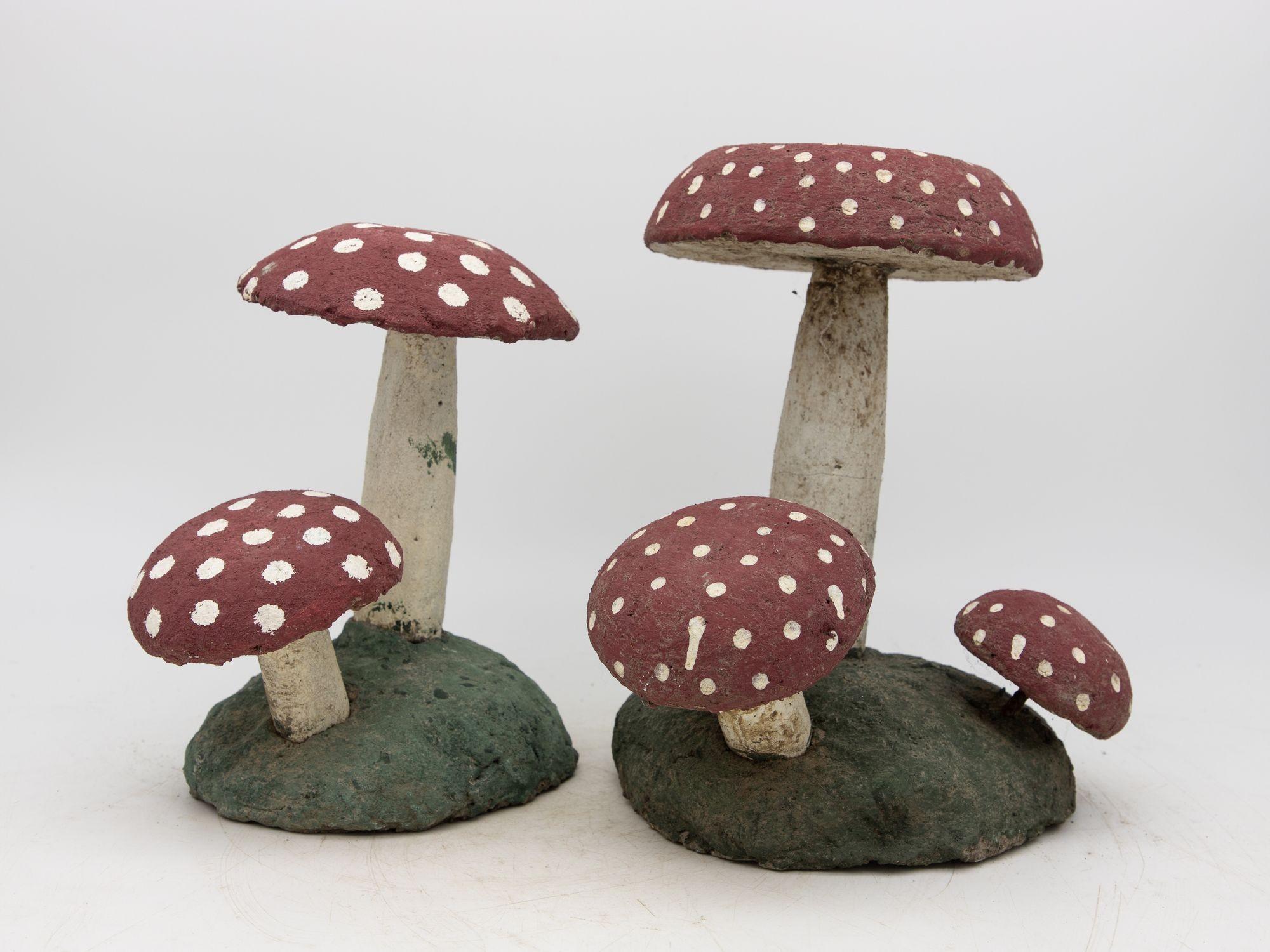 French Provincial Pair Vintage Painted Stone Toadstool Mushrooms with Red Caps For Sale