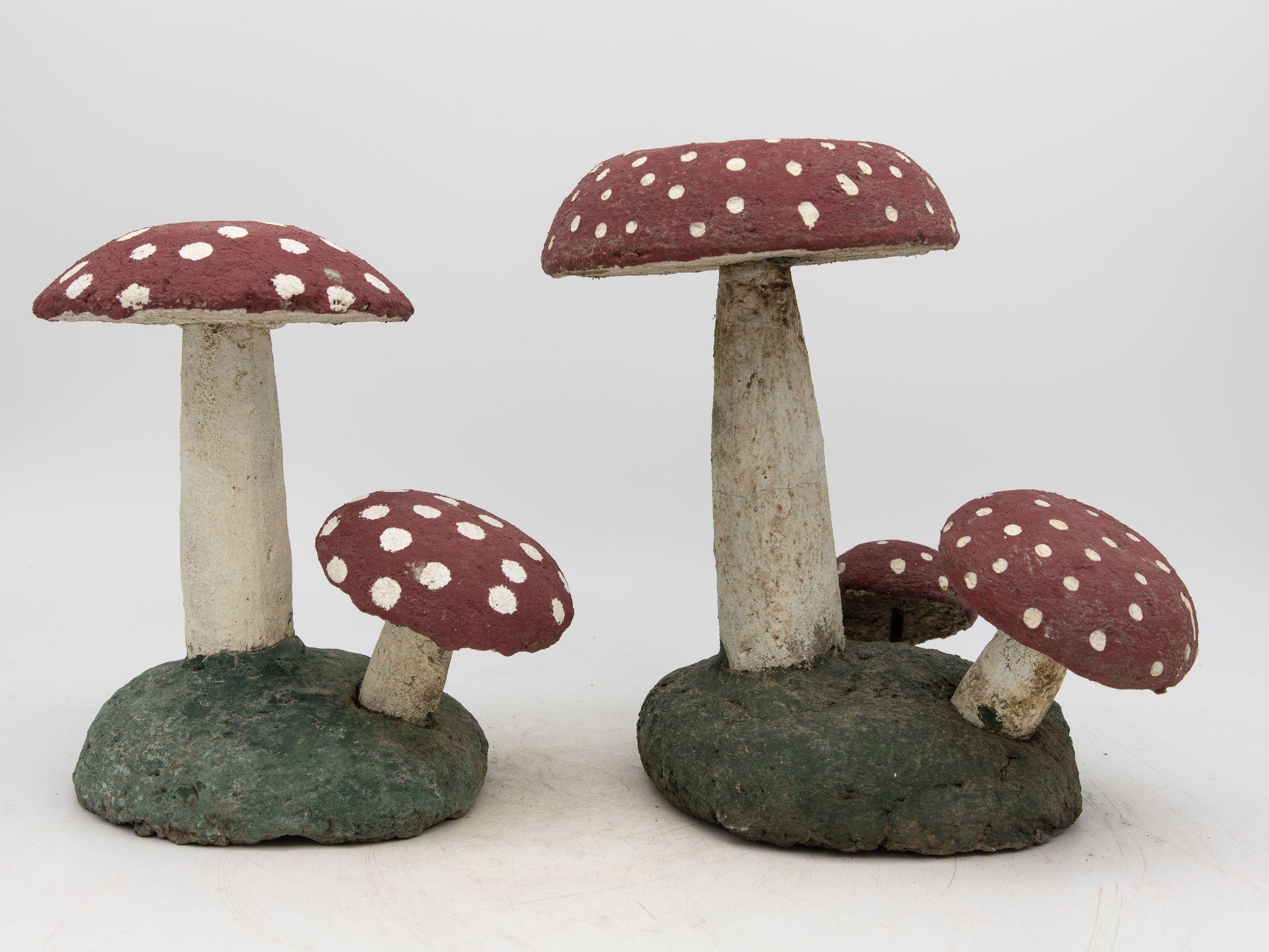 Belgian Pair Vintage Painted Stone Toadstool Mushrooms with Red Caps For Sale
