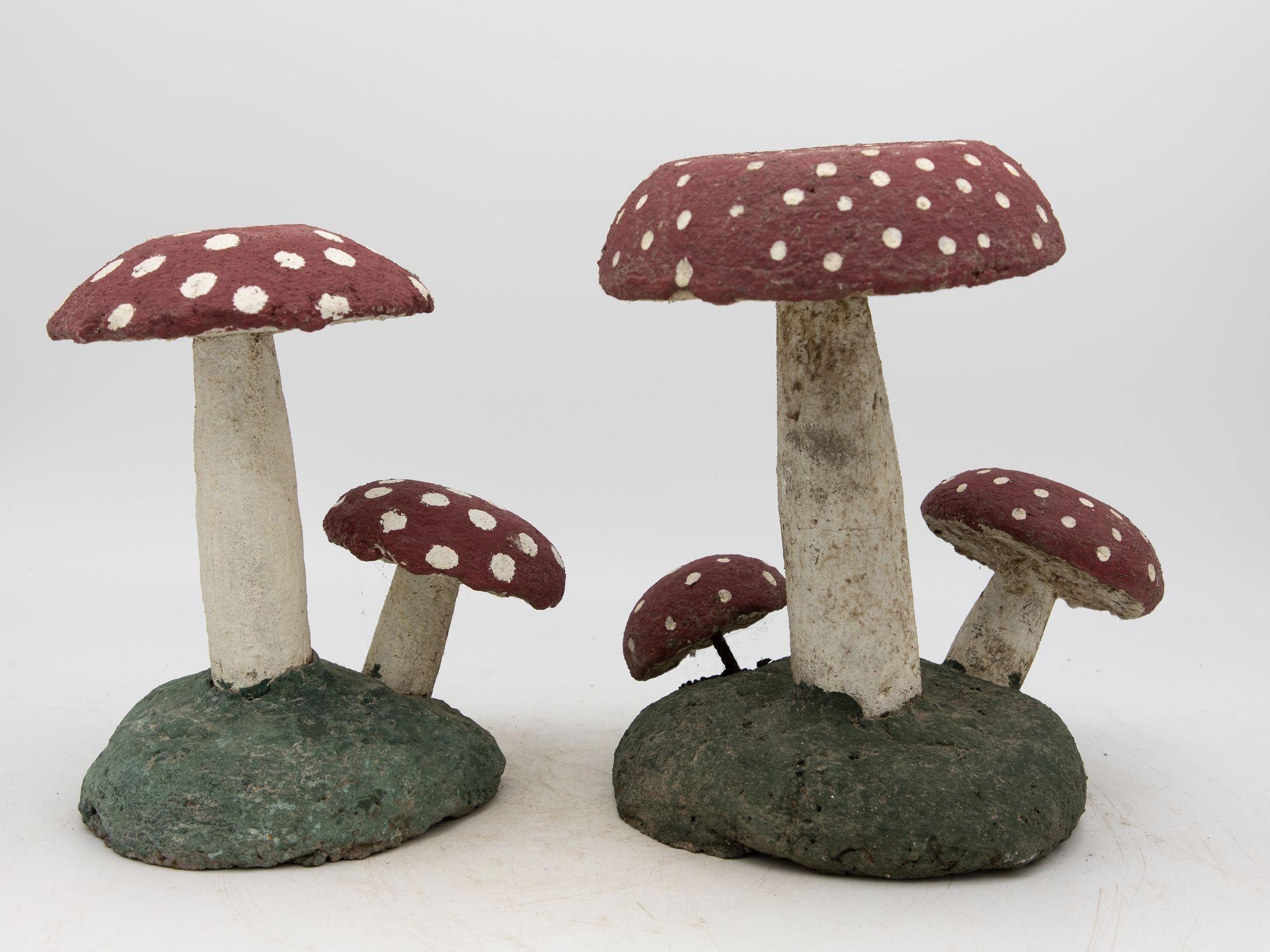 Pair Vintage Painted Stone Toadstool Mushrooms with Red Caps In Good Condition For Sale In South Salem, NY