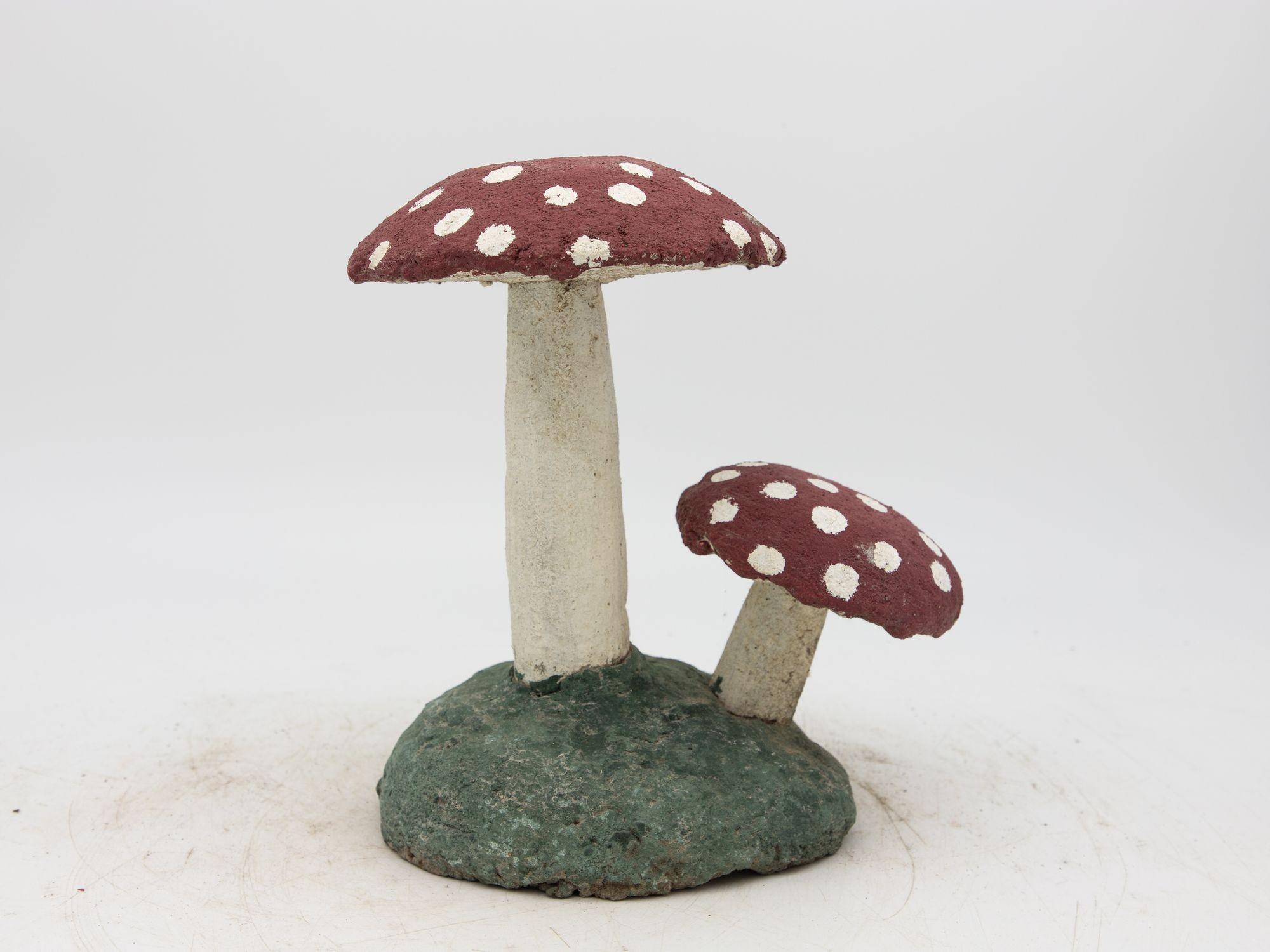 Concrete Pair Vintage Painted Stone Toadstool Mushrooms with Red Caps For Sale