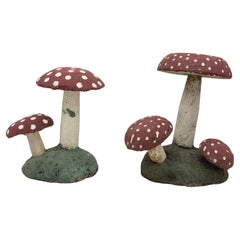 Pair Retro Painted Stone Toadstool Mushrooms with Red Caps