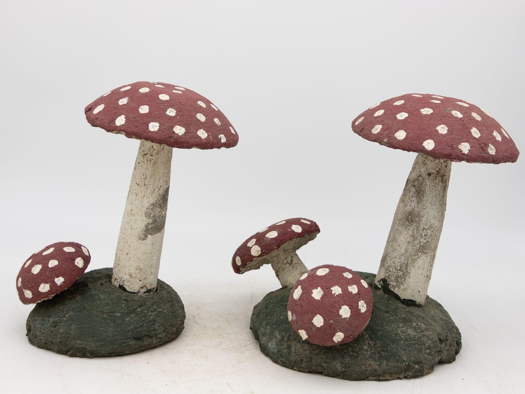 Belgian Pair Vintage Painted Stone Toadstools Mushrooms with Red Caps For Sale
