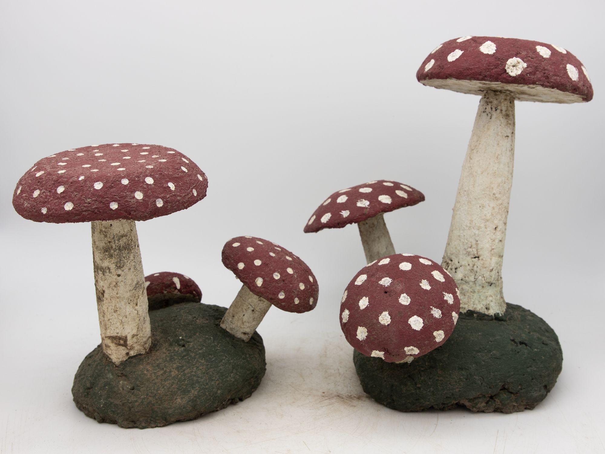 French Provincial Pair Vintage Painted Stone Toadstools Mushrooms with Red Caps For Sale
