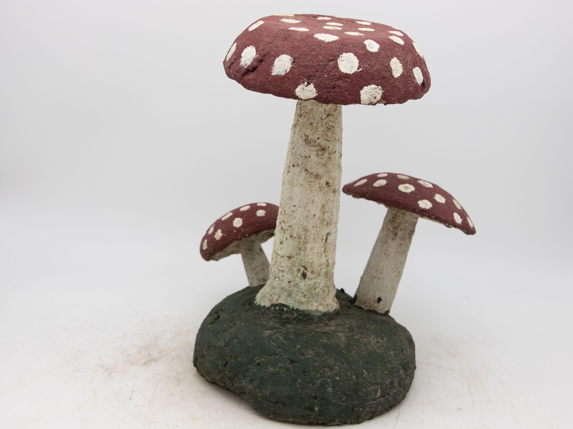 Pair Vintage Painted Stone Toadstools Mushrooms with Red Caps In Good Condition For Sale In South Salem, NY