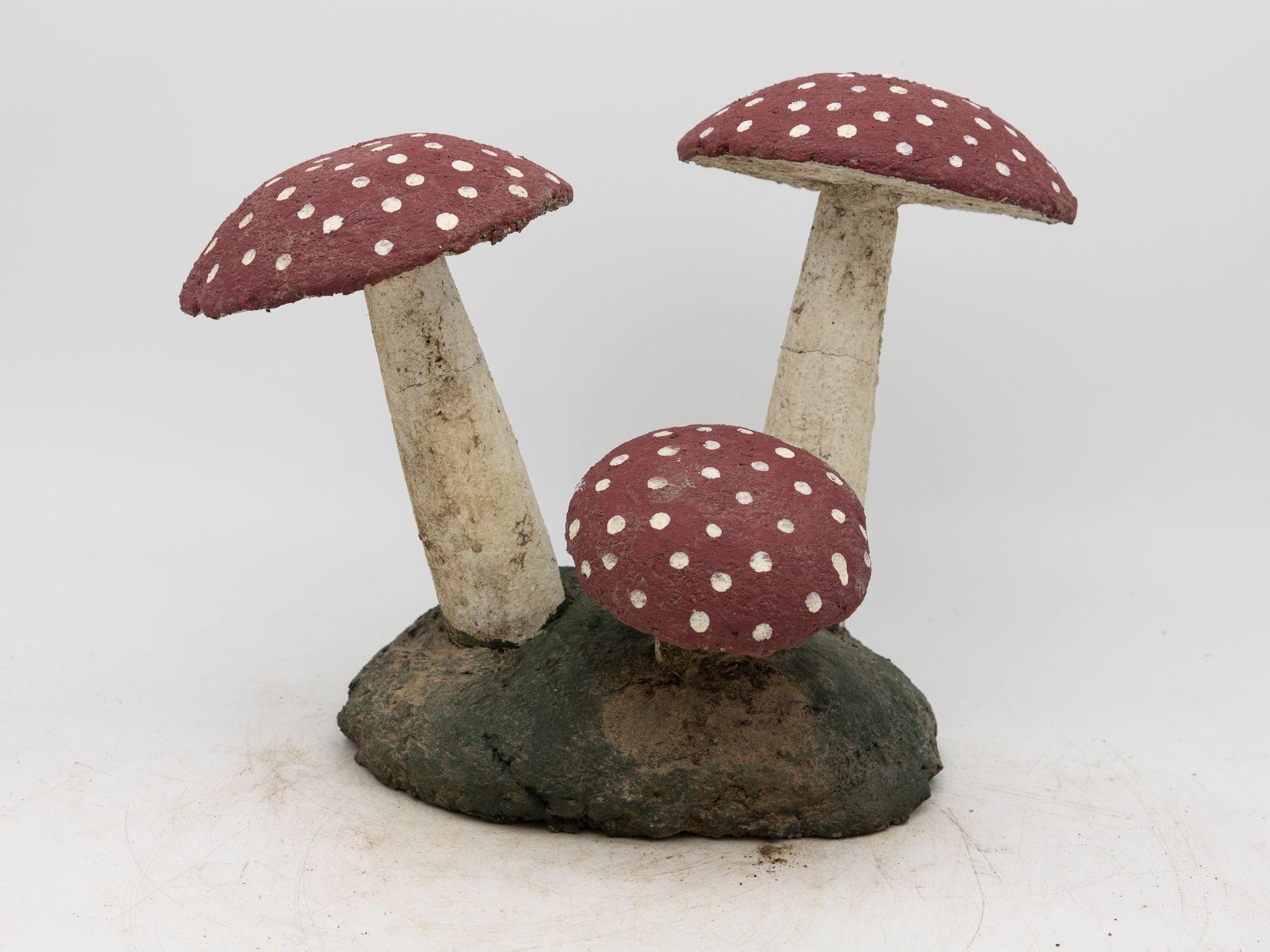 Concrete Pair Vintage Painted Stone Toadstools Mushrooms with Red Caps For Sale