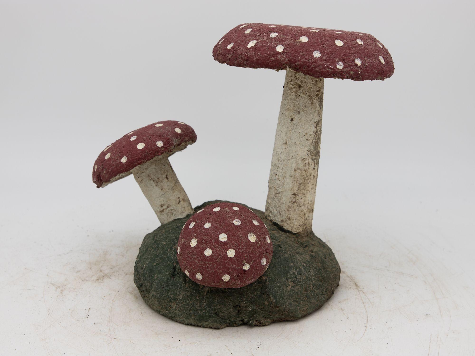 Concrete Pair Vintage Painted Stone Toadstools Mushrooms with Red Caps For Sale