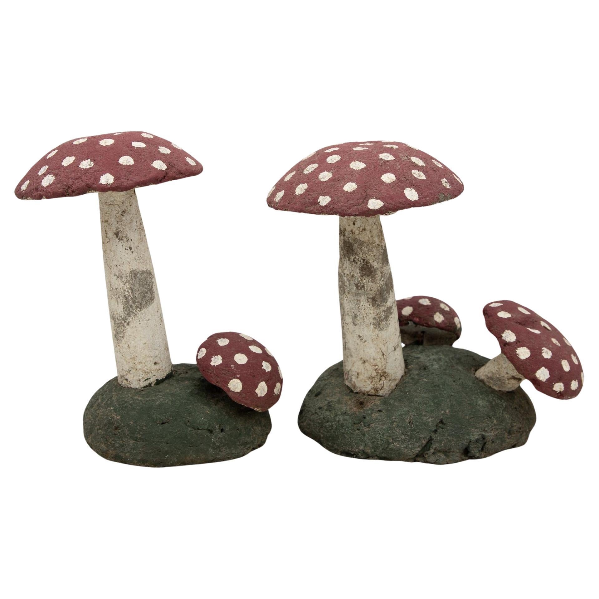 Pair Vintage Painted Stone Toadstools Mushrooms with Red Caps For Sale