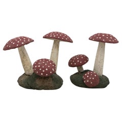 Pair Retro Painted Stone Toadstools Mushrooms with Red Caps