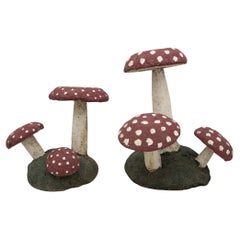 Pair Vintage Painted Stone Toadstools Mushrooms with Red Caps