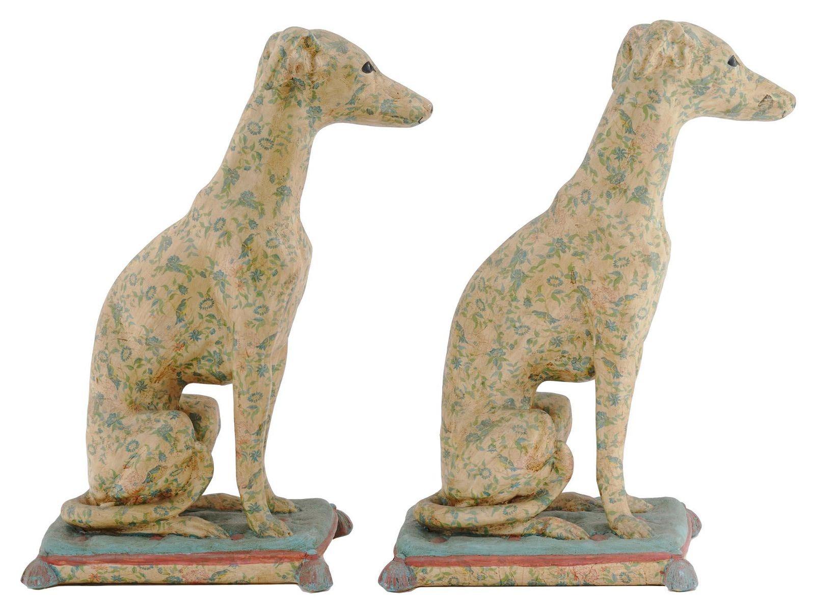 Hand-Painted Pair Vintage Painted Terracotta Whippet Sculptures