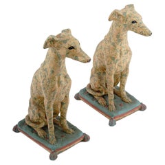 Pair Vintage Painted Terracotta Whippet Sculptures