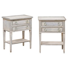 Pair Vintage Painted Wood Side Chests with Pair Drawers & Lower Shelf