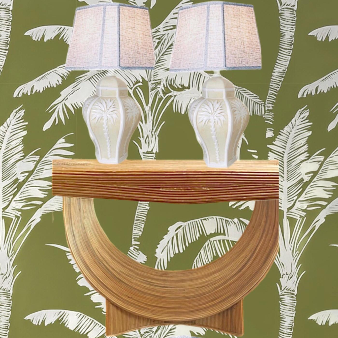 Pareja Vintage Palm Beach Regency Dorothy Draper Isp Lámpara de cerámica con palmera en relieve en venta 3